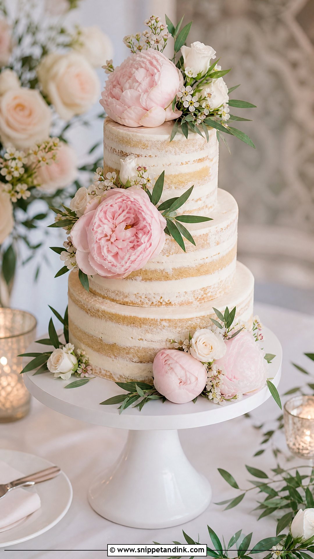 Naked Wedding Cake With Peonies - Snippet and Ink - 25 Naked Wedding Cakes