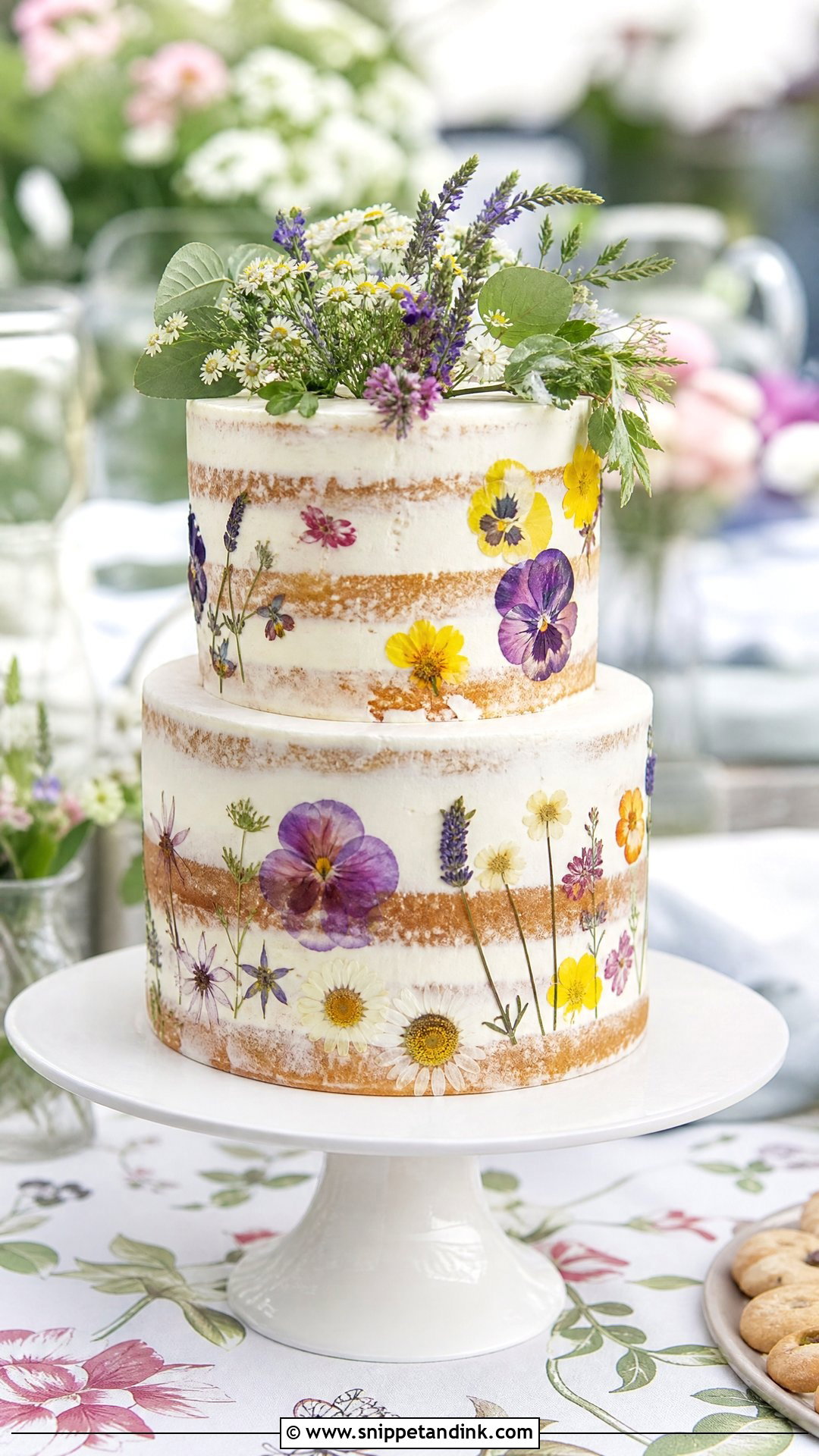Naked Wedding Cake With Pressed Flowers - Snippet and Ink - 25 Naked Wedding Cakes
