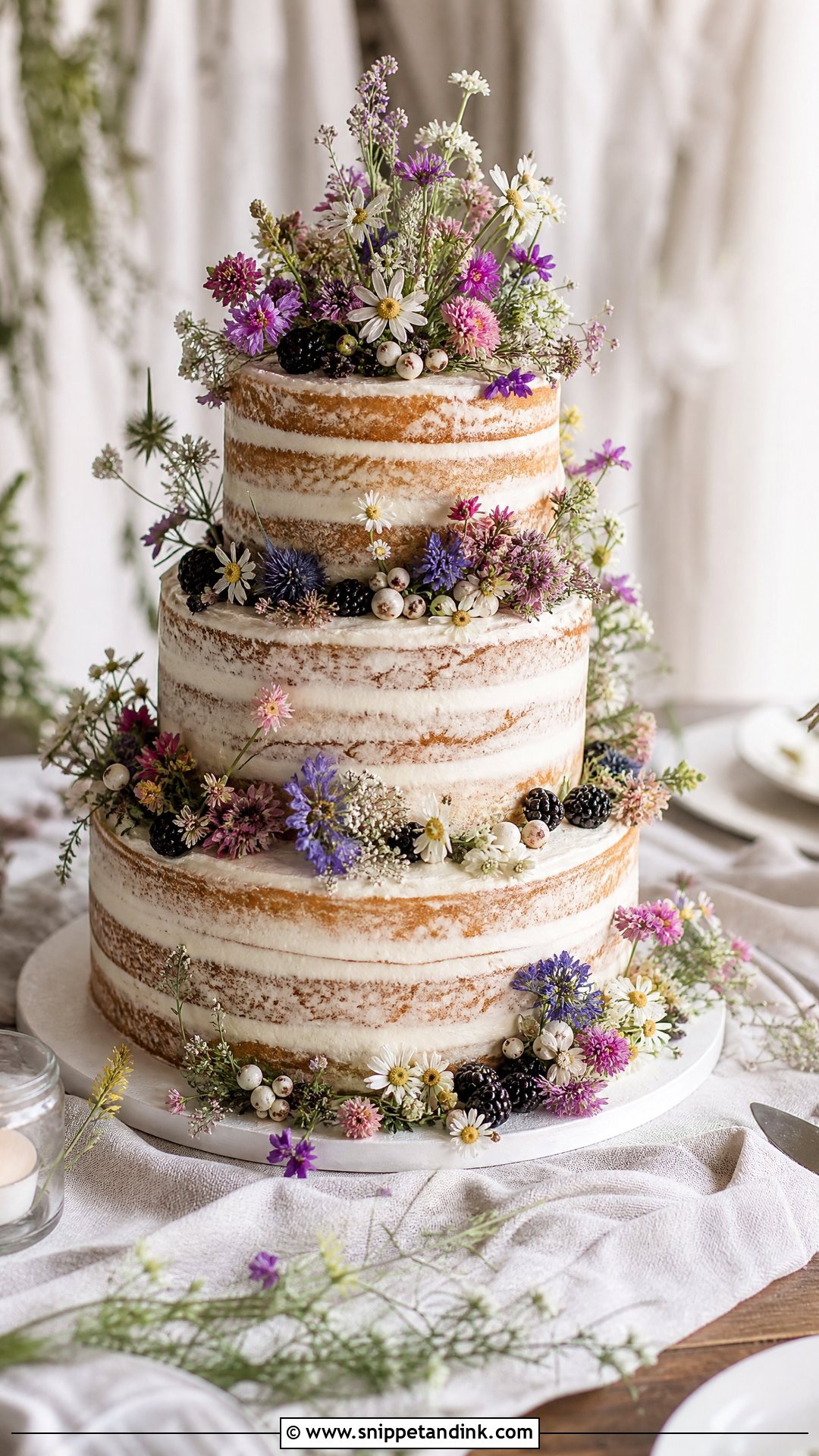 Naked Wedding Cake With Wildflowers - Snippet and Ink - 25 Naked Wedding Cakes