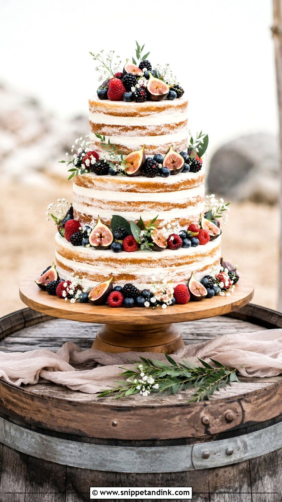 Naked Wedding Cake on Barrel - Snippet and Ink - 20 Wedding Cake Ideas on Barrel