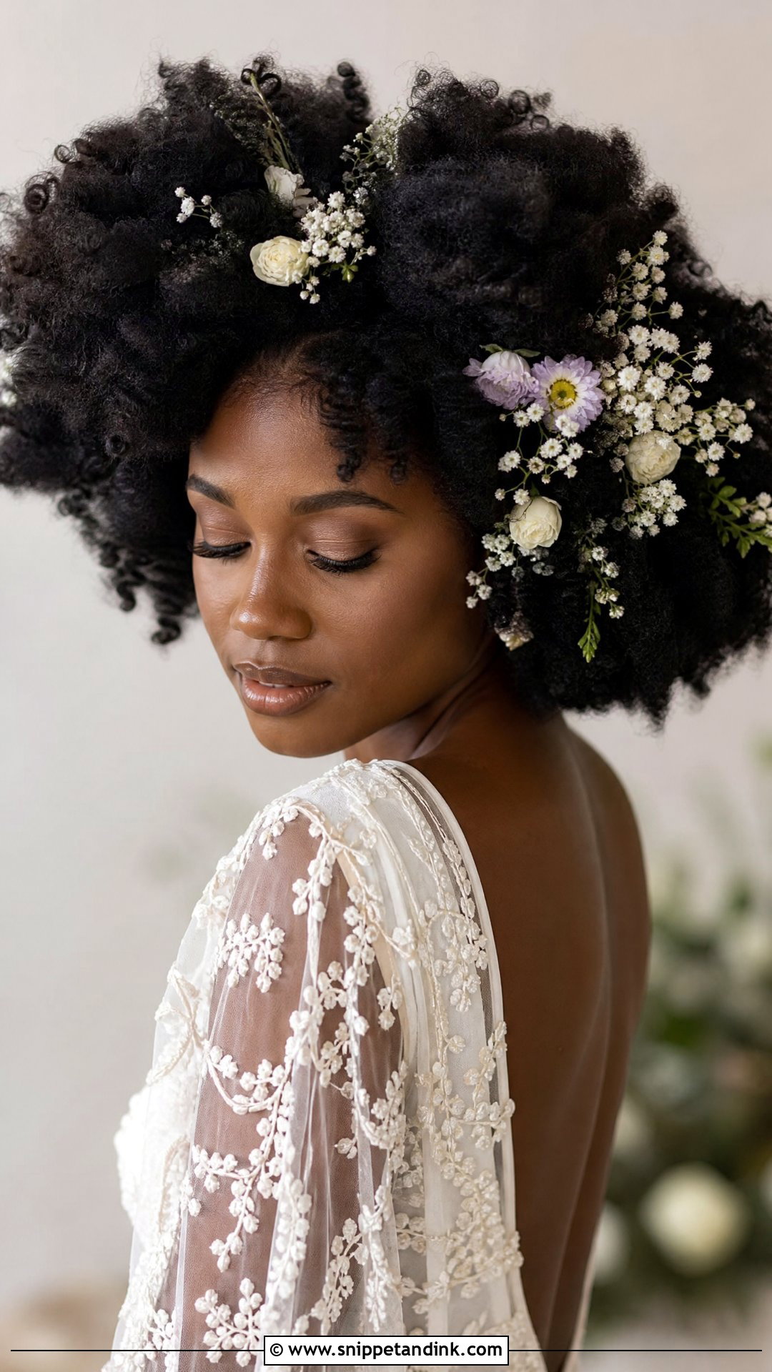 Natural Afro With Floral Accessories - Snippet and Ink - 25 Bridal Hair Black Women Ideas