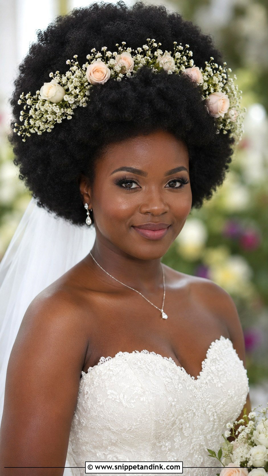 Natural Afro With Floral Crown - Snippet and Ink - 25 Natural Bridal Hairstyles Black Women