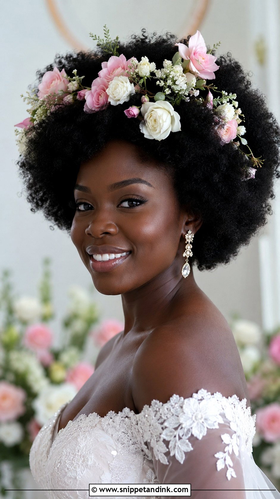 Natural Afro With Floral Crown - Snippet and Ink - 25 Natural Hair Bridal Hairstyles