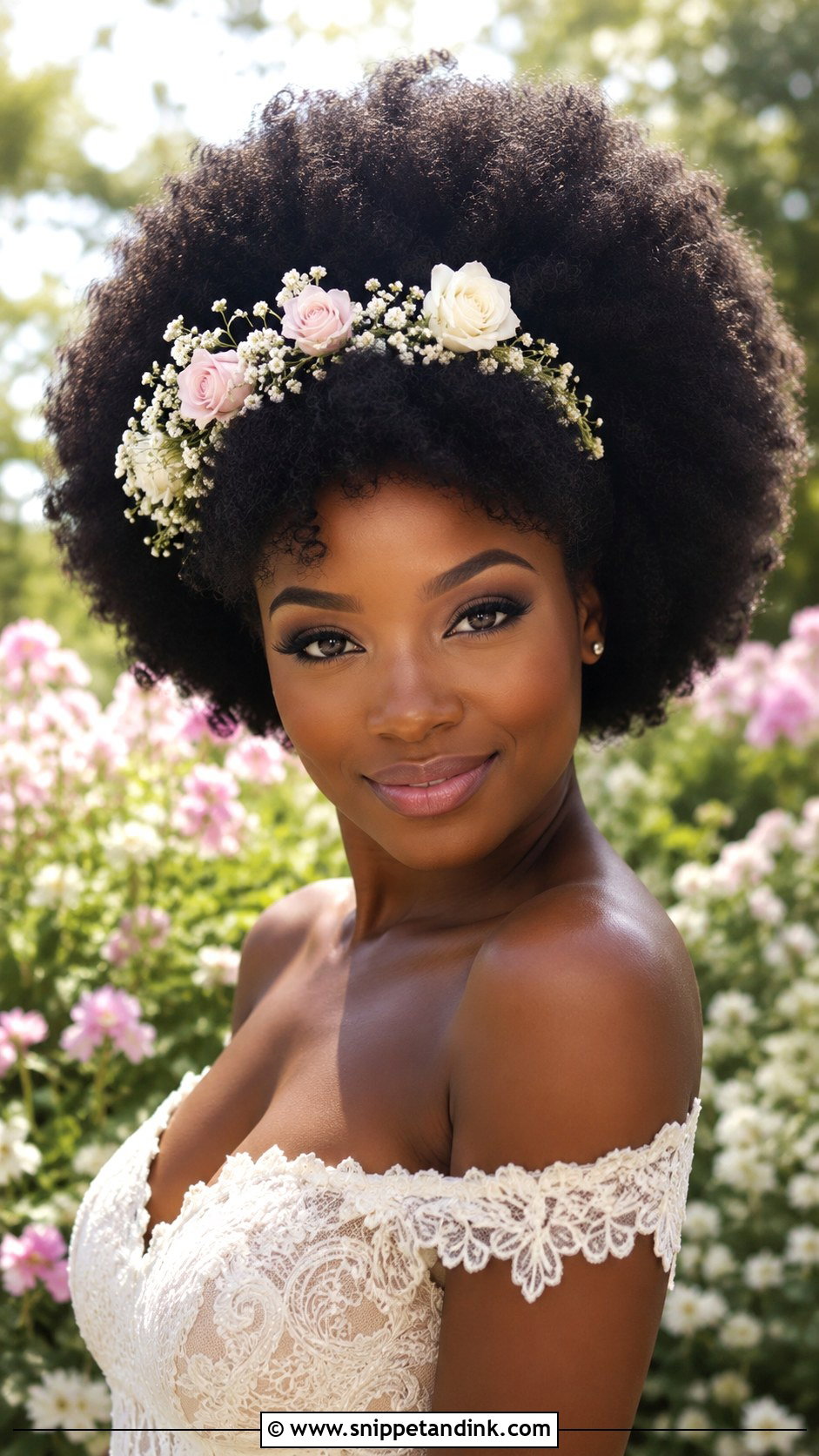 Natural Afro With Floral Crown - Snippet and Ink - 20 Afro Wedding Hairstyles Brides