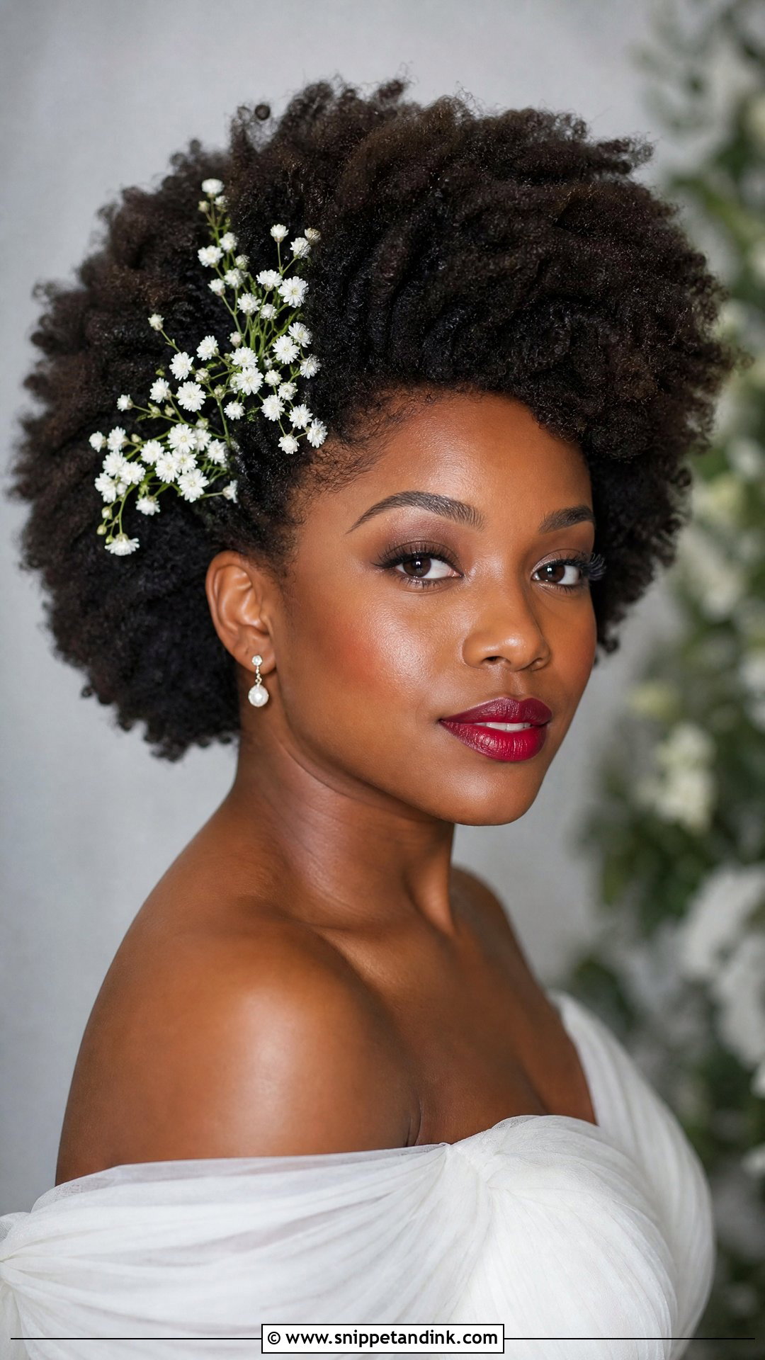 Natural Afro With Fresh Flowers - Snippet and Ink - 20 Black Bridal Hair Ideas