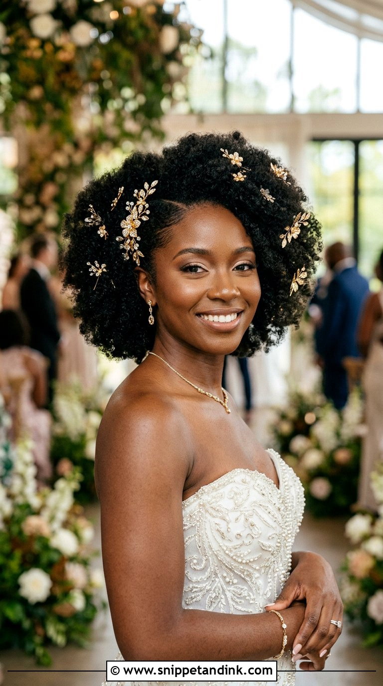 Natural Afro With Gold Hair Accessories - Snippet and Ink - 20 Black Wedding Hair Ideas