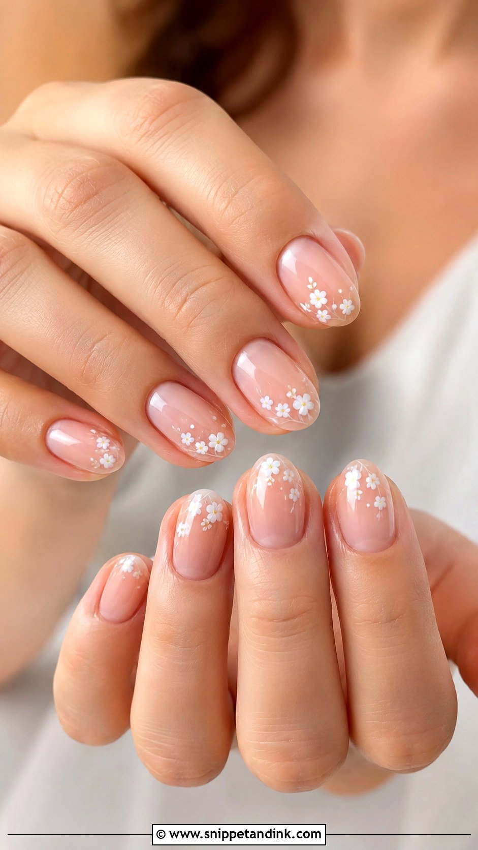 Natural Bridal Nails With Tiny White Flowers - Snippet and Ink - 20 Natural Bridal Nails