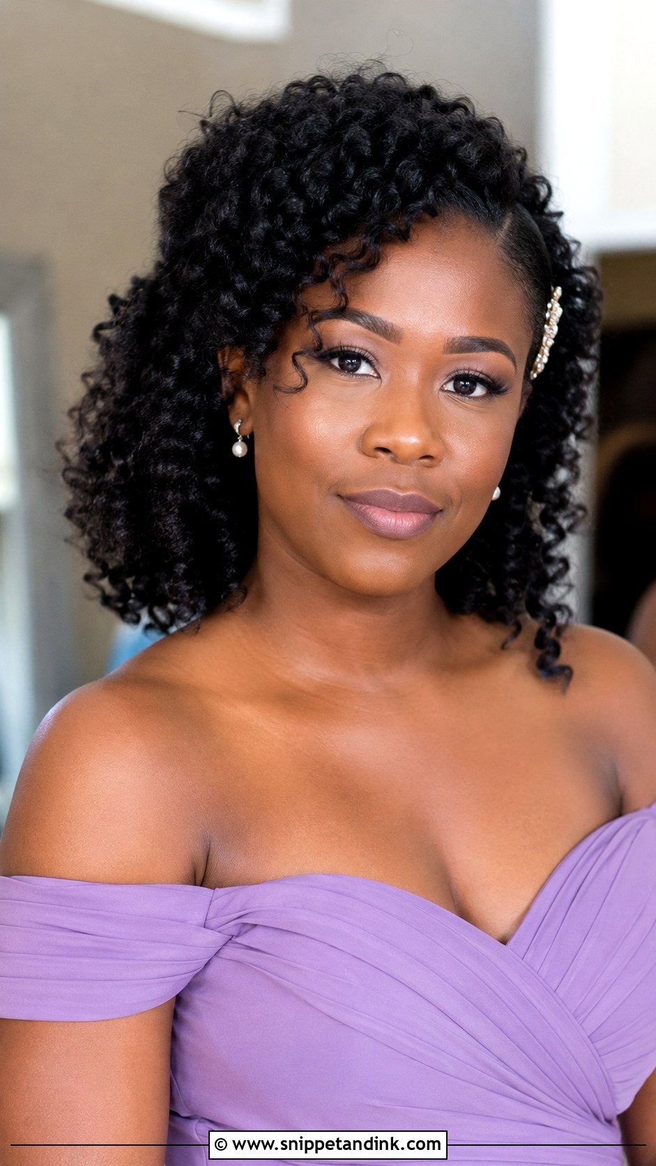 Natural Curls Bridesmaid Hairstyle With Off Shoulder Dress - Snippet and Ink - 20 Bridesmaid Hairstyles with Off Shoulder Dress