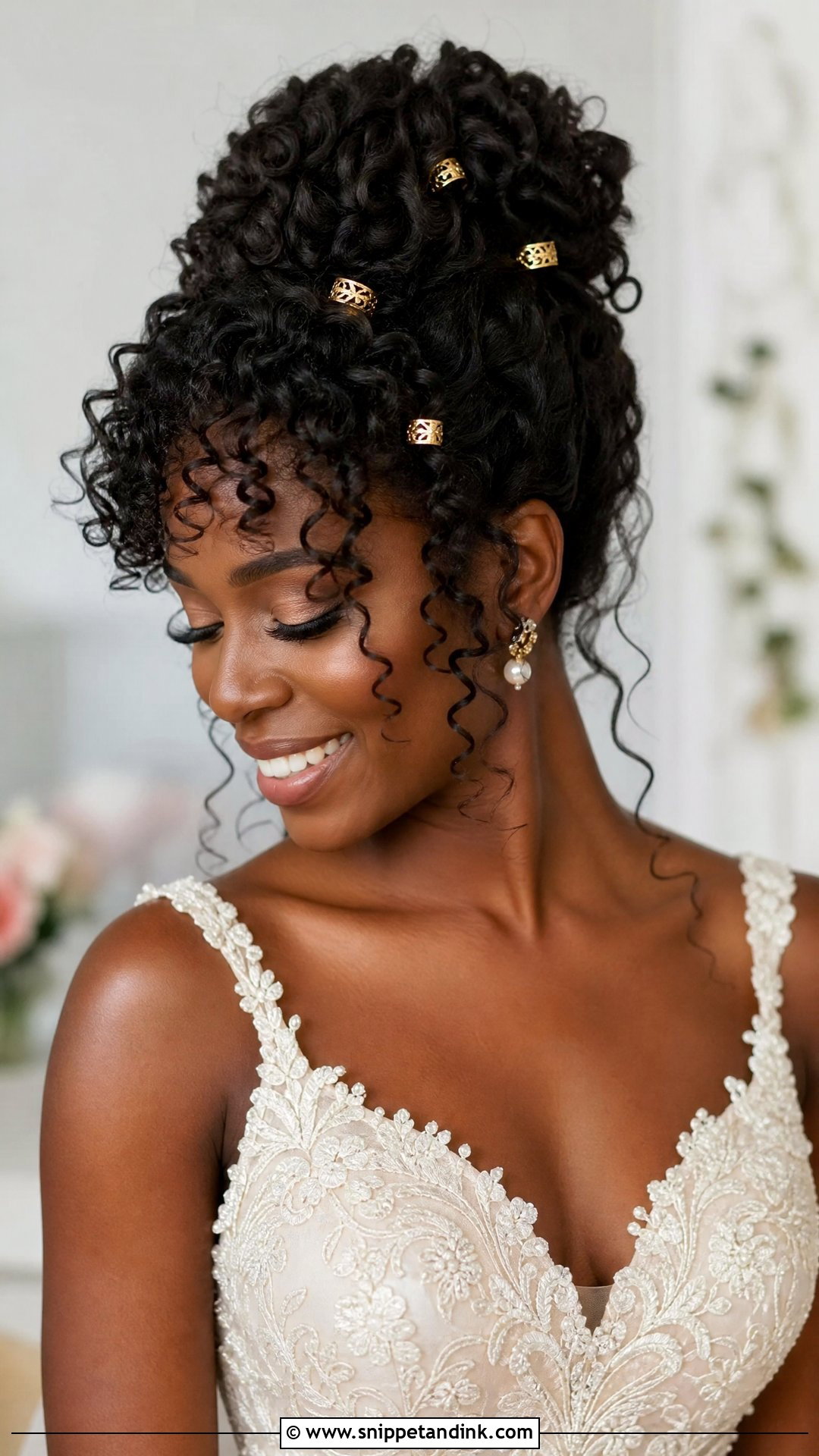 Natural Curls Wedding Updo With Soft Bangs - Snippet and Ink - 15 Big Forehead Hairstyles for Wedding