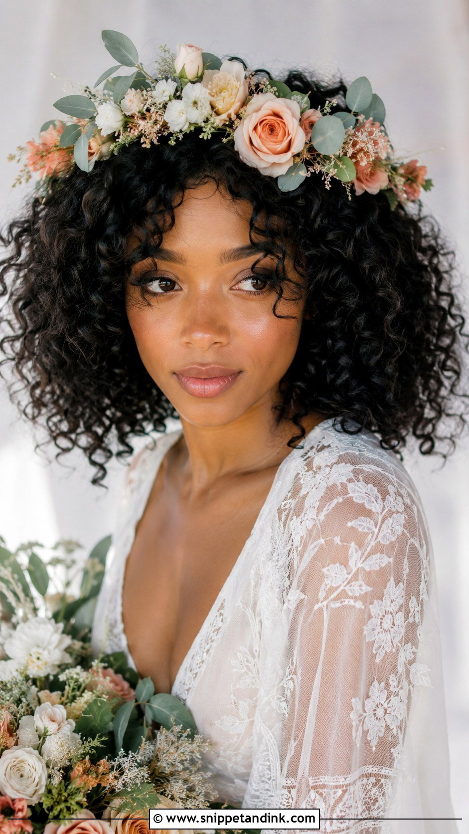 Natural Curls With Floral Crown - Snippet and Ink - 20 Black Hair Bride Ideas