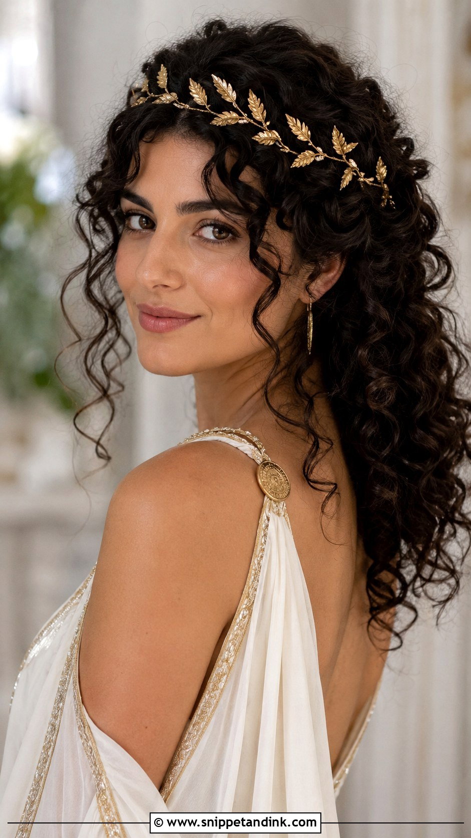 Natural Curls With Gold Leaf Headpiece - Snippet and Ink - 20 Bridal Hair Down with Headpiece Ideas