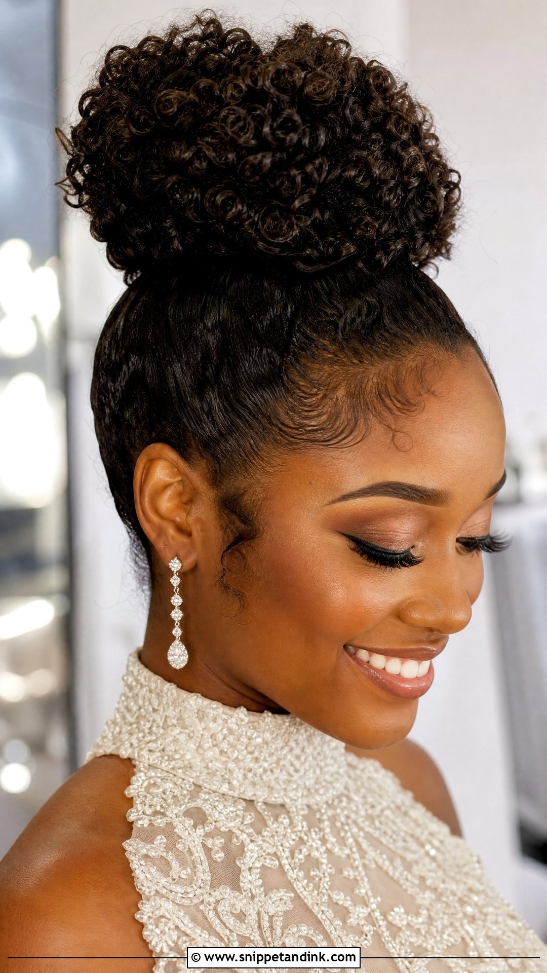 Natural Curly Hair Wedding High Bun - Snippet and Ink - 20 Natural Curly Hair Wedding Hairstyles