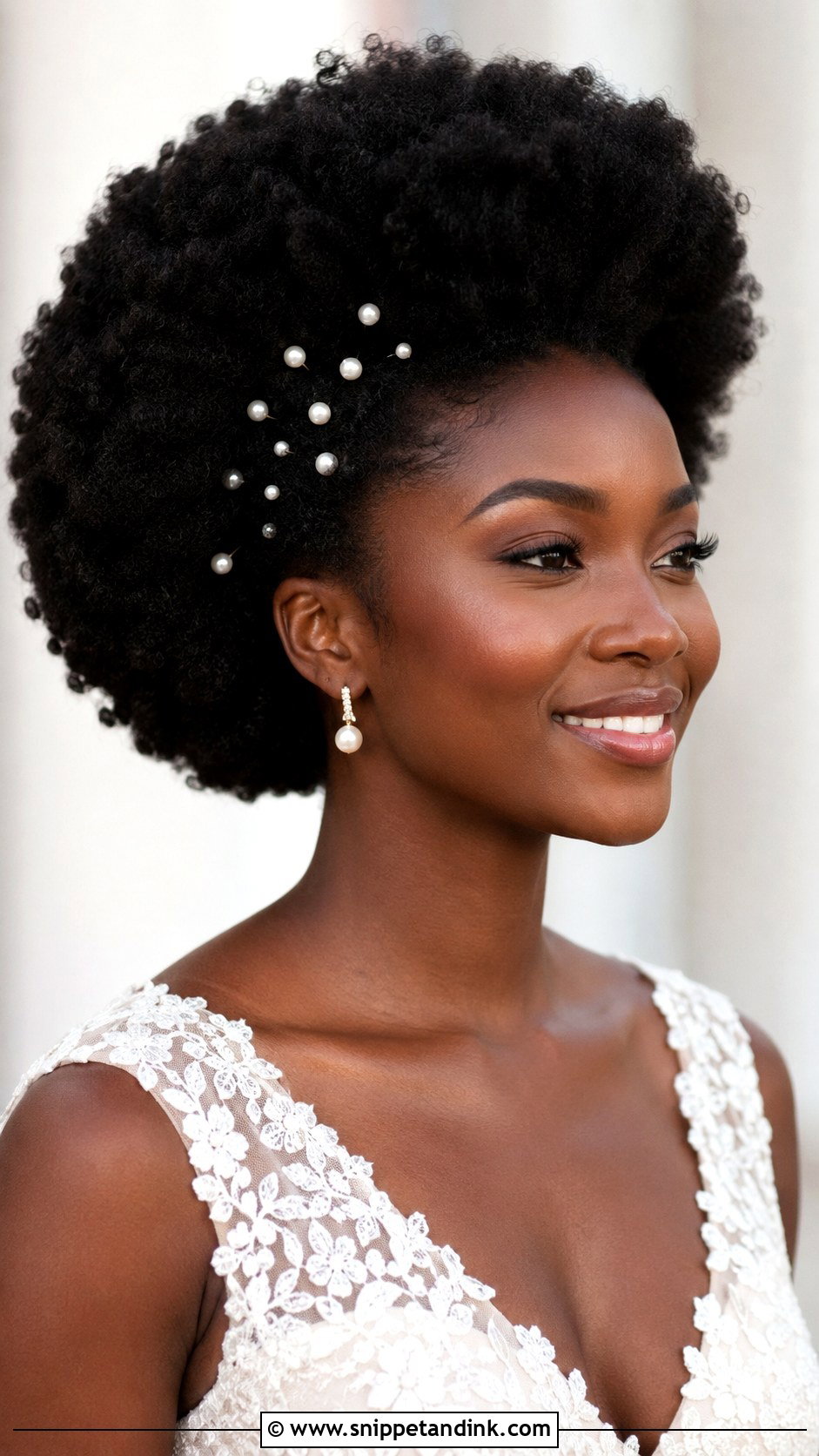 Natural Wedding Afro With Pearl Pins - Snippet and Ink - 15 Natural Wedding Hair Black Women Ideas