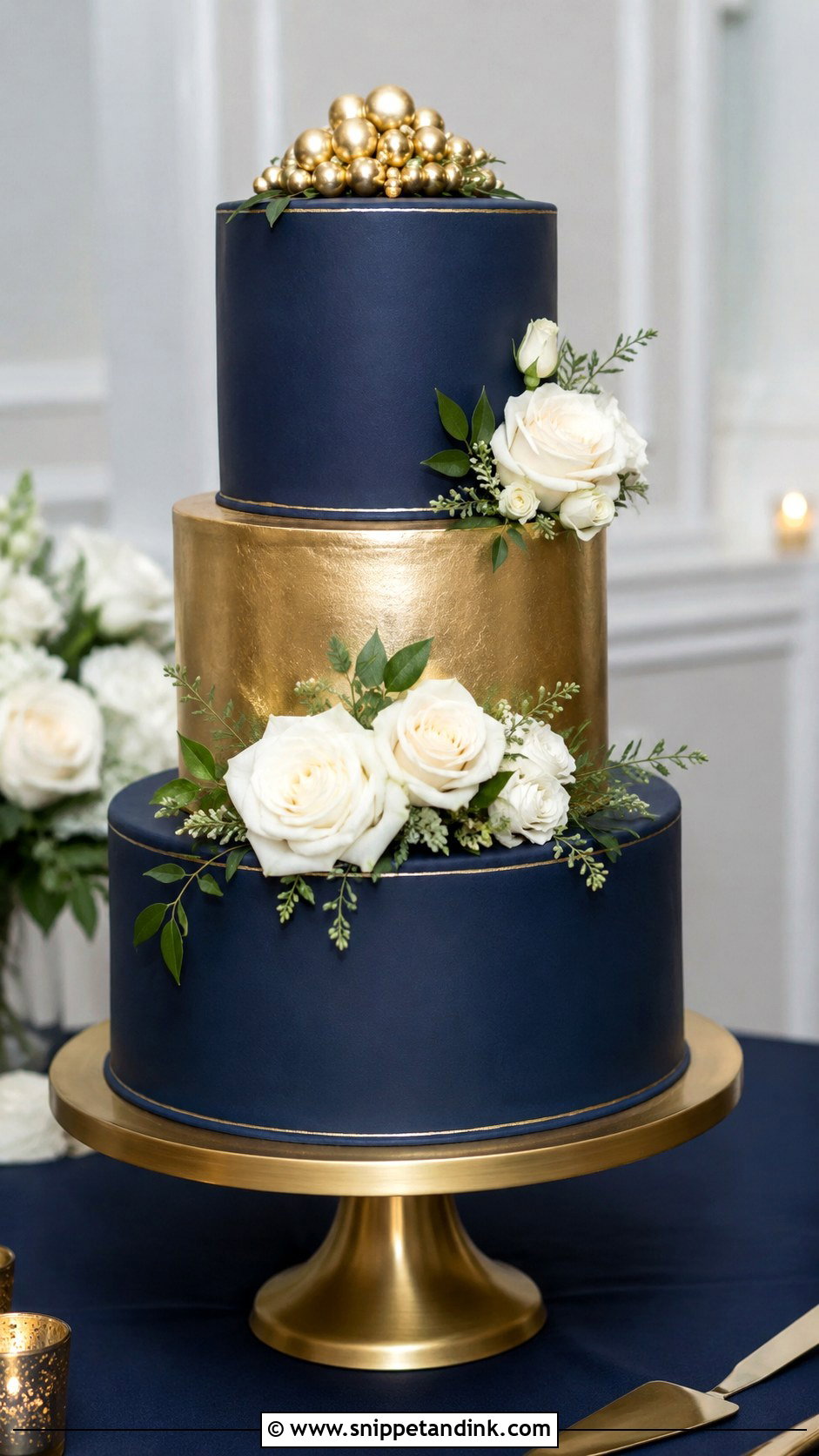 Navy And Gold Wedding Cake - Snippet and Ink - 20 Gold Themed Cake Ideas for Wedding