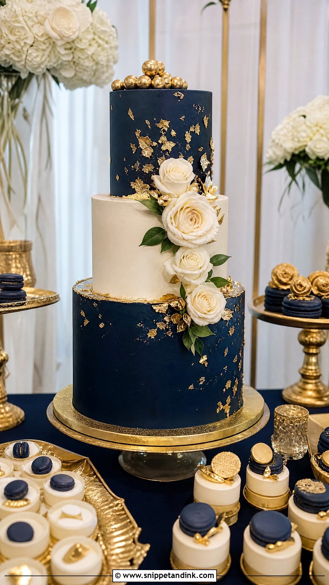 Navy Blue And Gold Dessert Table Cake - Snippet and Ink - 25 Navy Blue and Gold Cake Ideas for Wedding
