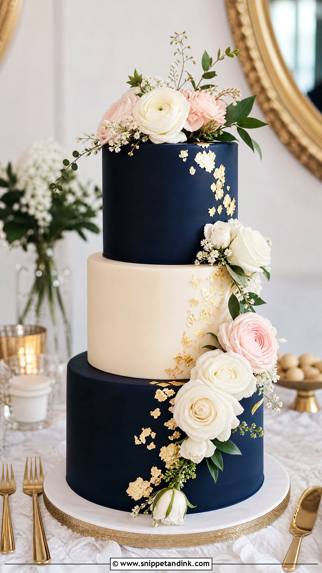 Navy Blue And Gold Floral Wedding Cake - Snippet and Ink - 25 Navy Blue and Gold Cake Ideas for Wedding