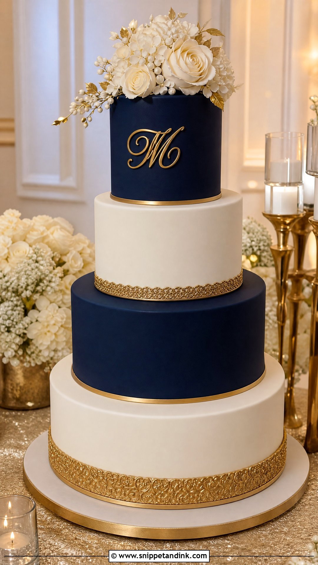 Navy Blue And Gold Fondant Wedding Cake - Snippet and Ink - 25 Navy Blue and Gold Cake Ideas for Wedding