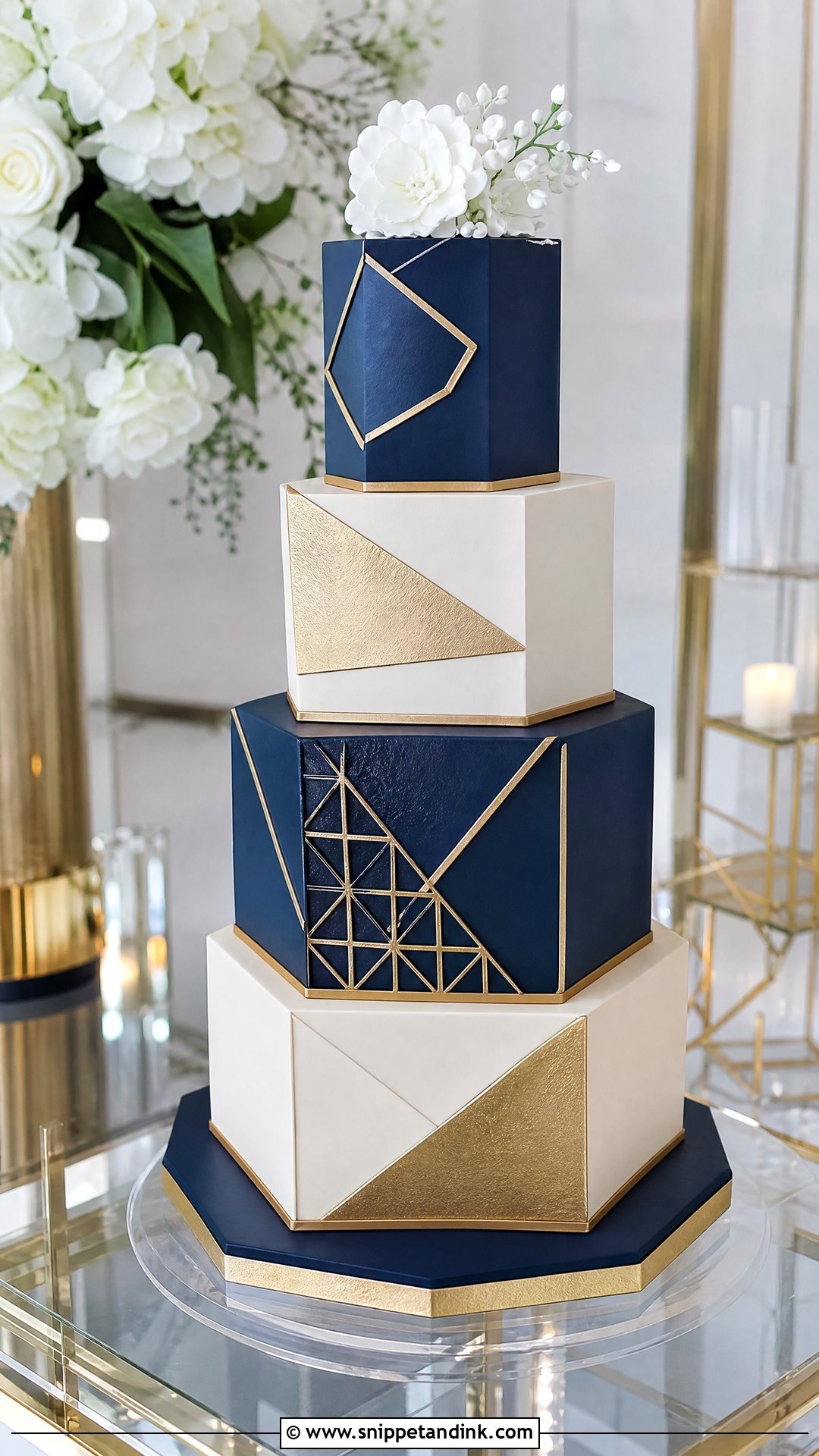 Navy Blue And Gold Geometric Wedding Cake - Snippet and Ink - 25 Navy Blue and Gold Cake Ideas for Wedding