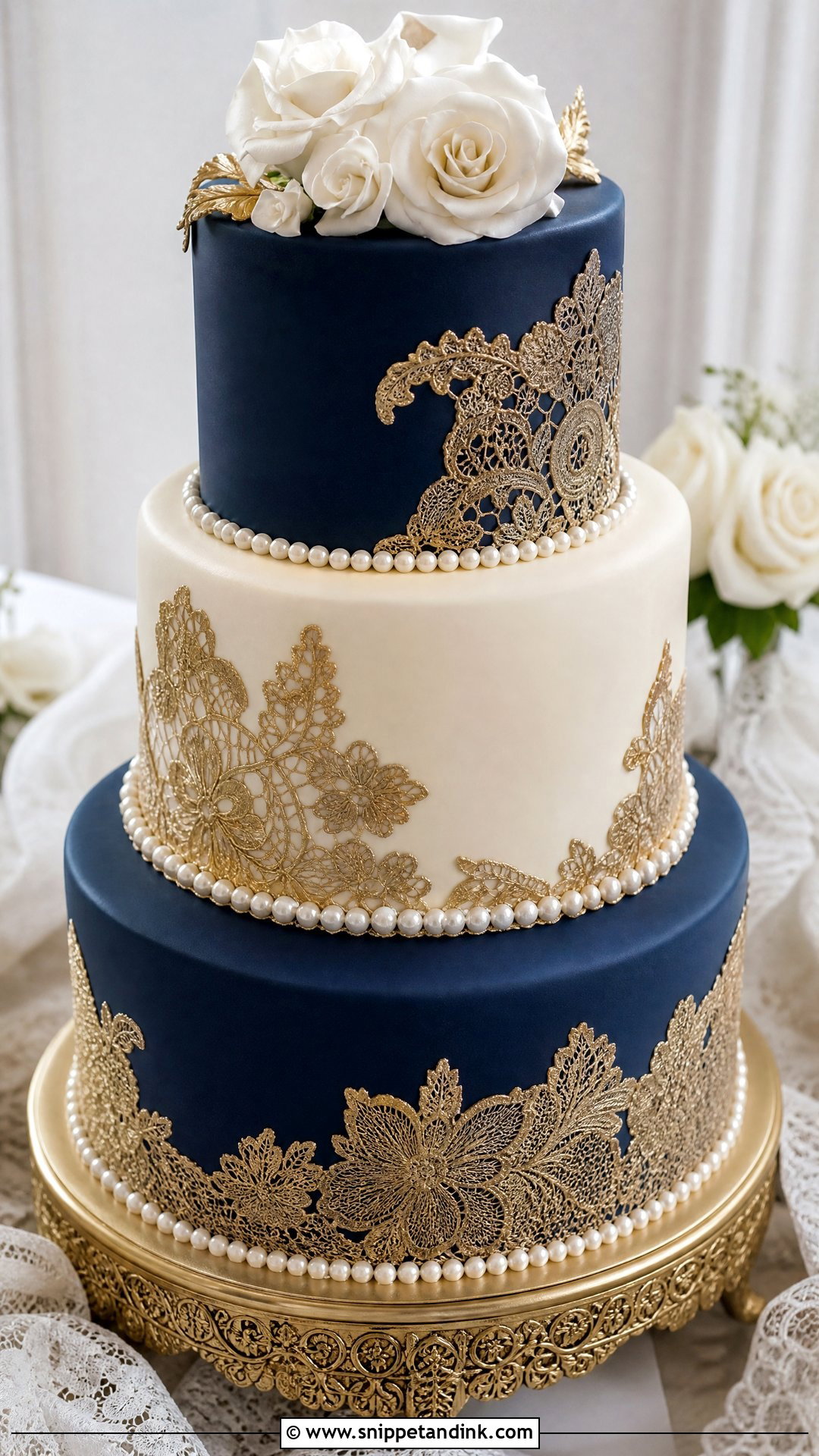 Navy Blue And Gold Lace Wedding Cake - Snippet and Ink - 25 Navy Blue and Gold Cake Ideas for Wedding