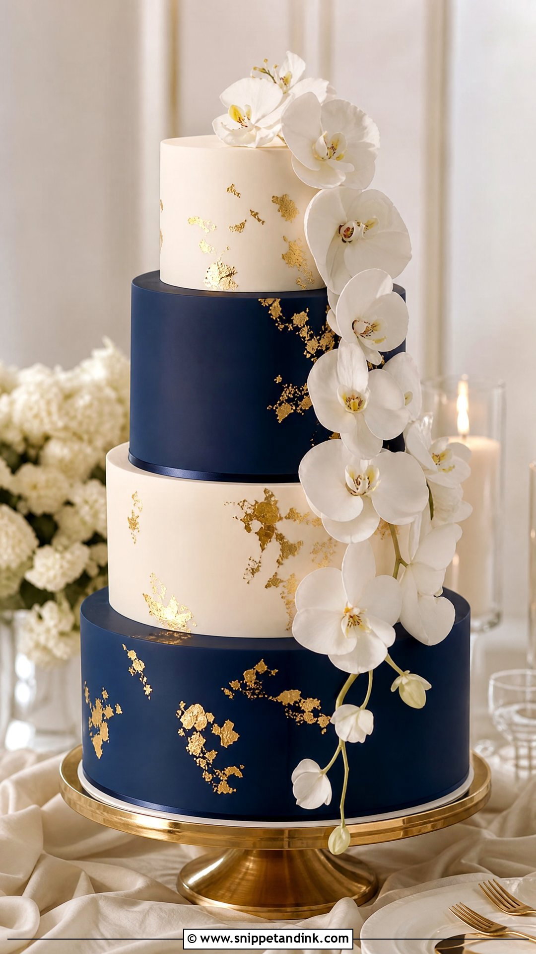 Navy Blue And Gold Orchid Wedding Cake - Snippet and Ink - 25 Navy Blue and Gold Cake Ideas for Wedding