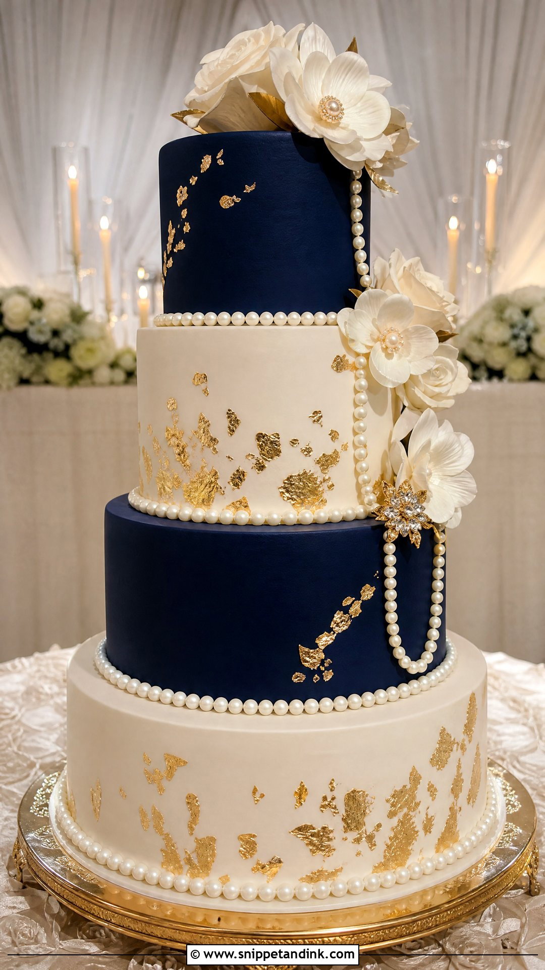 Navy Blue And Gold Pearl Wedding Cake - Snippet and Ink - 25 Navy Blue and Gold Cake Ideas for Wedding