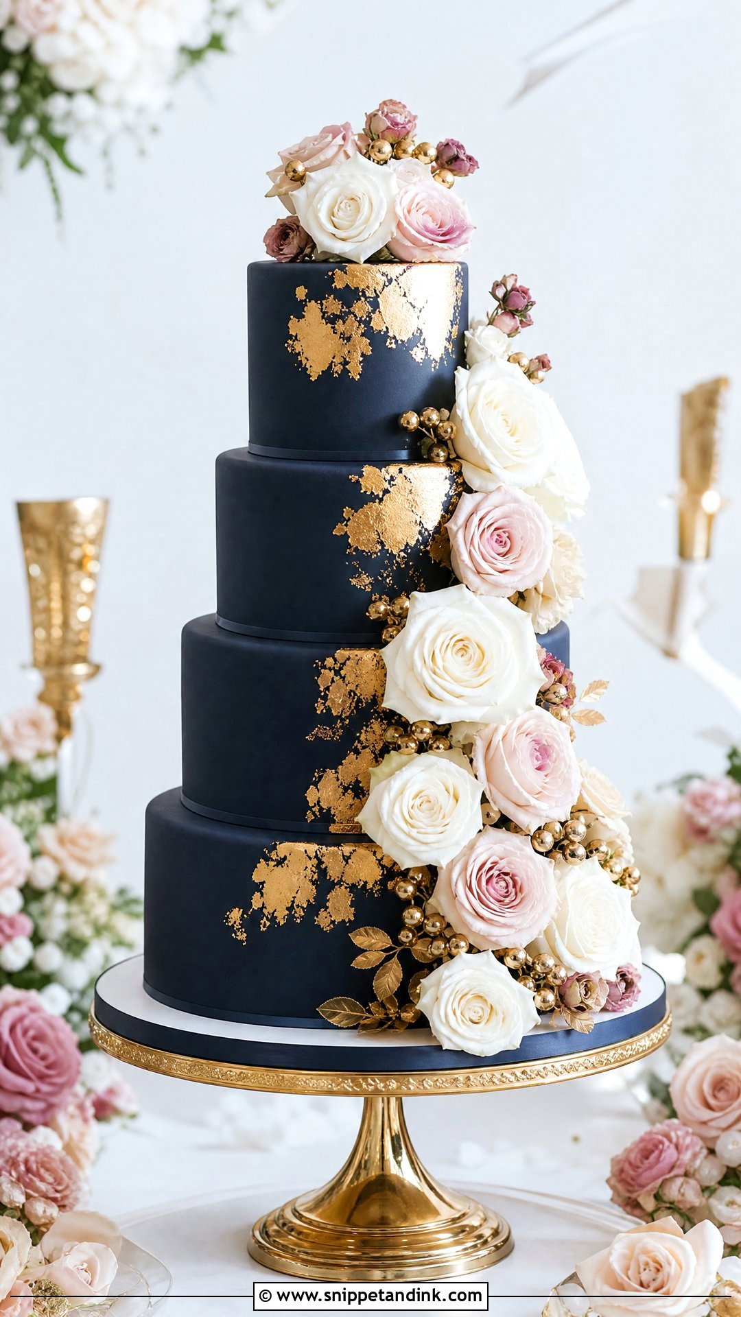 Navy Blue And Gold Rose Wedding Cake - Snippet and Ink - 25 Navy Blue and Gold Cake Ideas for Wedding