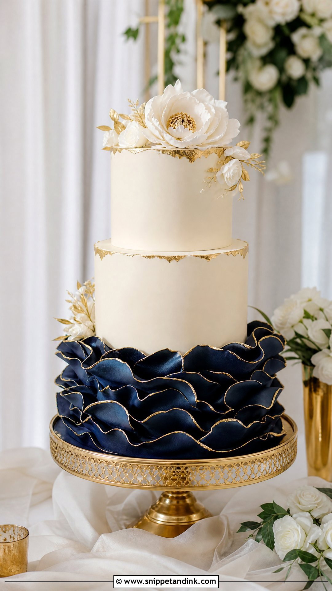 Navy Blue And Gold Ruffle Wedding Cake - Snippet and Ink - 25 Navy Blue and Gold Cake Ideas for Wedding