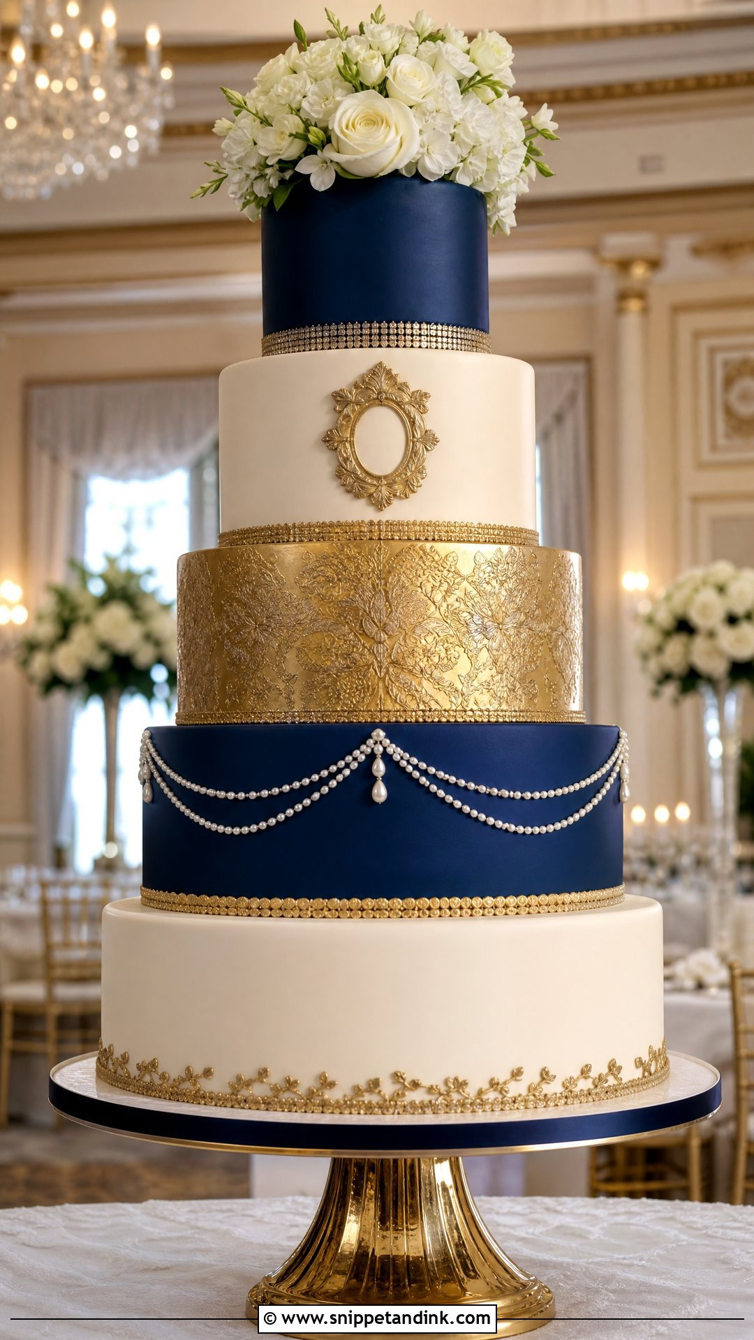 Navy Blue And Gold Tiered Wedding Cake - Snippet and Ink - 25 Navy Blue and Gold Cake Ideas for Wedding