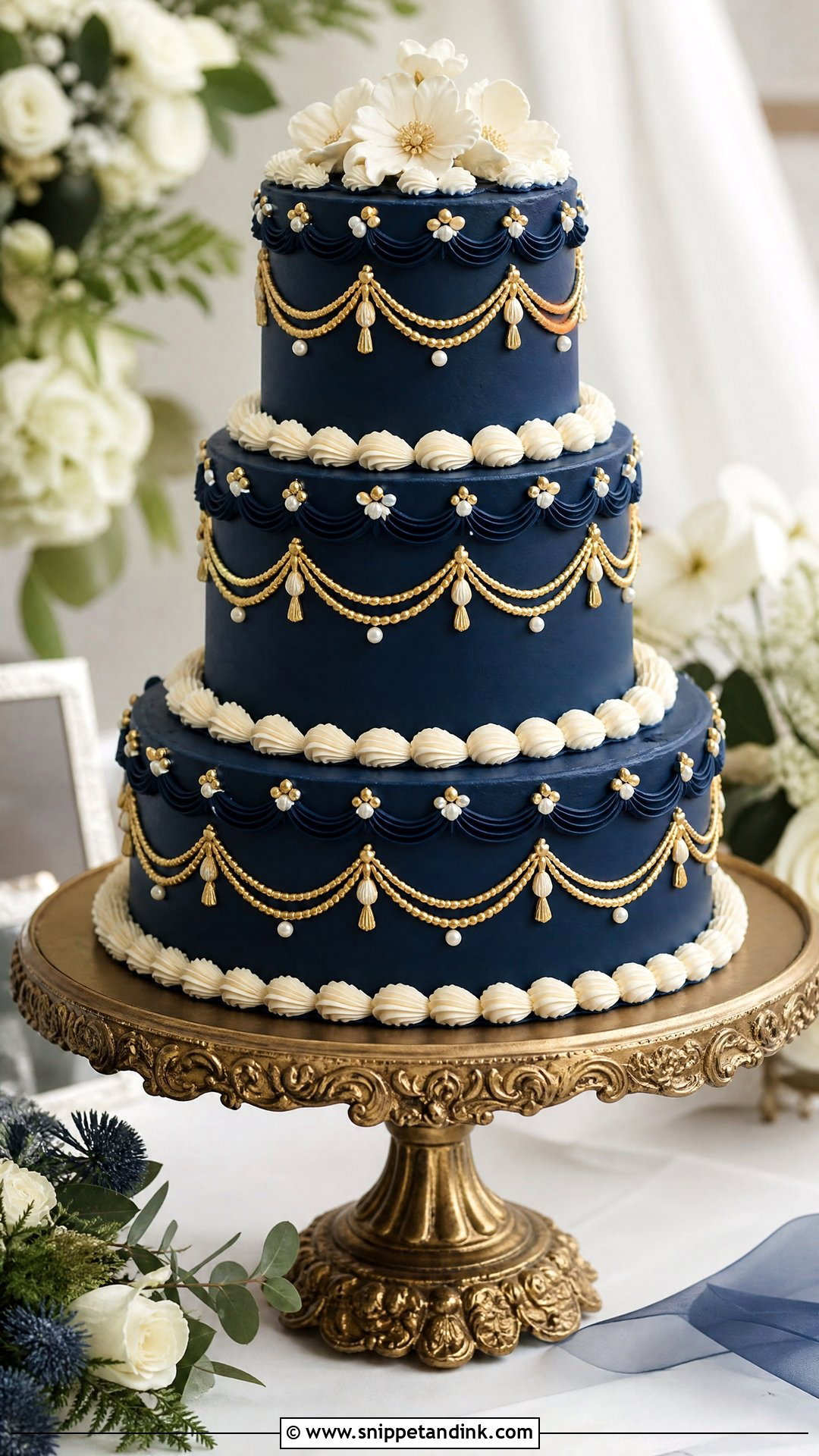 Navy Blue And Gold Vintage Wedding Cake - Snippet and Ink - 25 Navy Blue and Gold Cake Ideas for Wedding