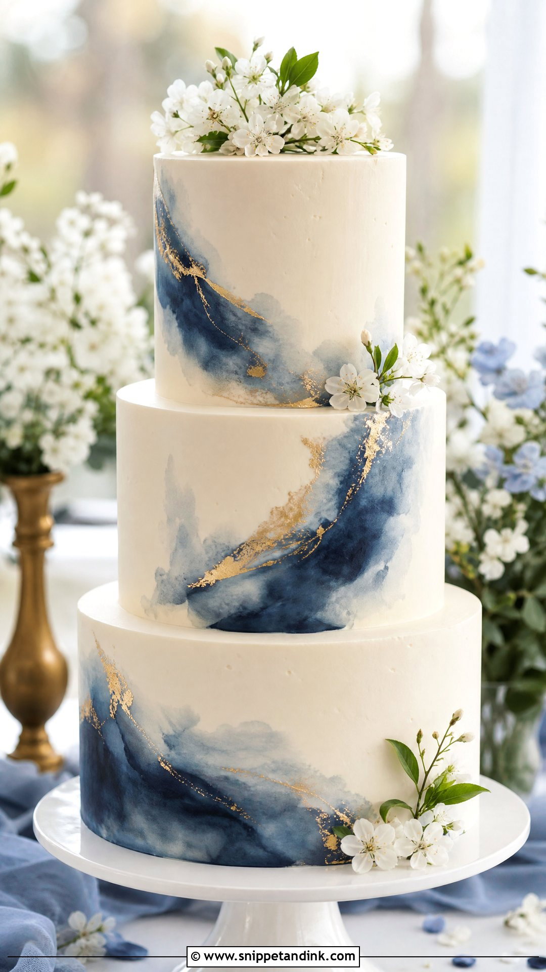 Navy Blue And Gold Watercolor Wedding Cake - Snippet and Ink - 25 Navy Blue and Gold Cake Ideas for Wedding