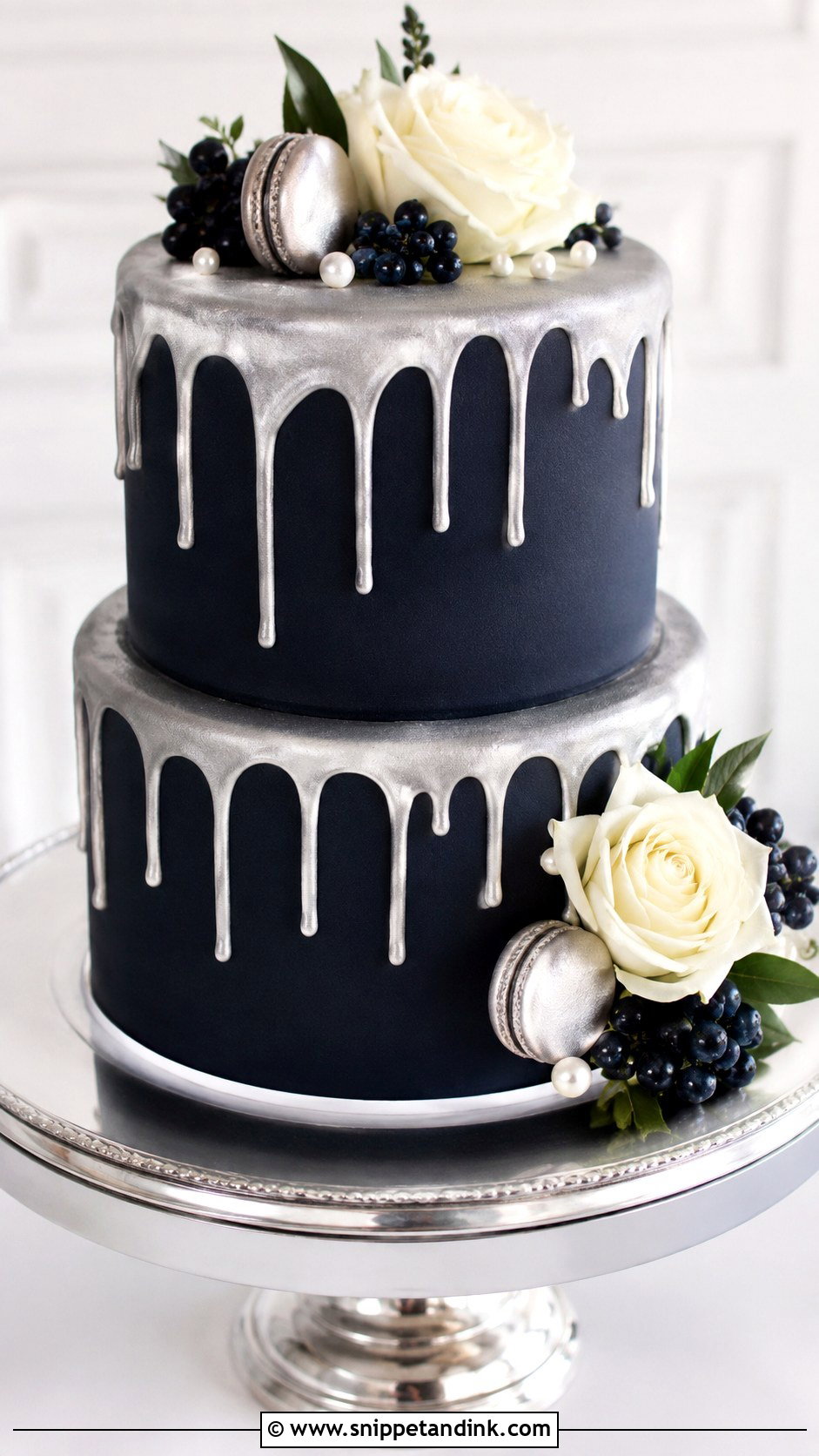 Navy Blue And Silver Drip Wedding Cake - Snippet and Ink - 20 Navy Blue and Silver Cake Ideas for Wedding
