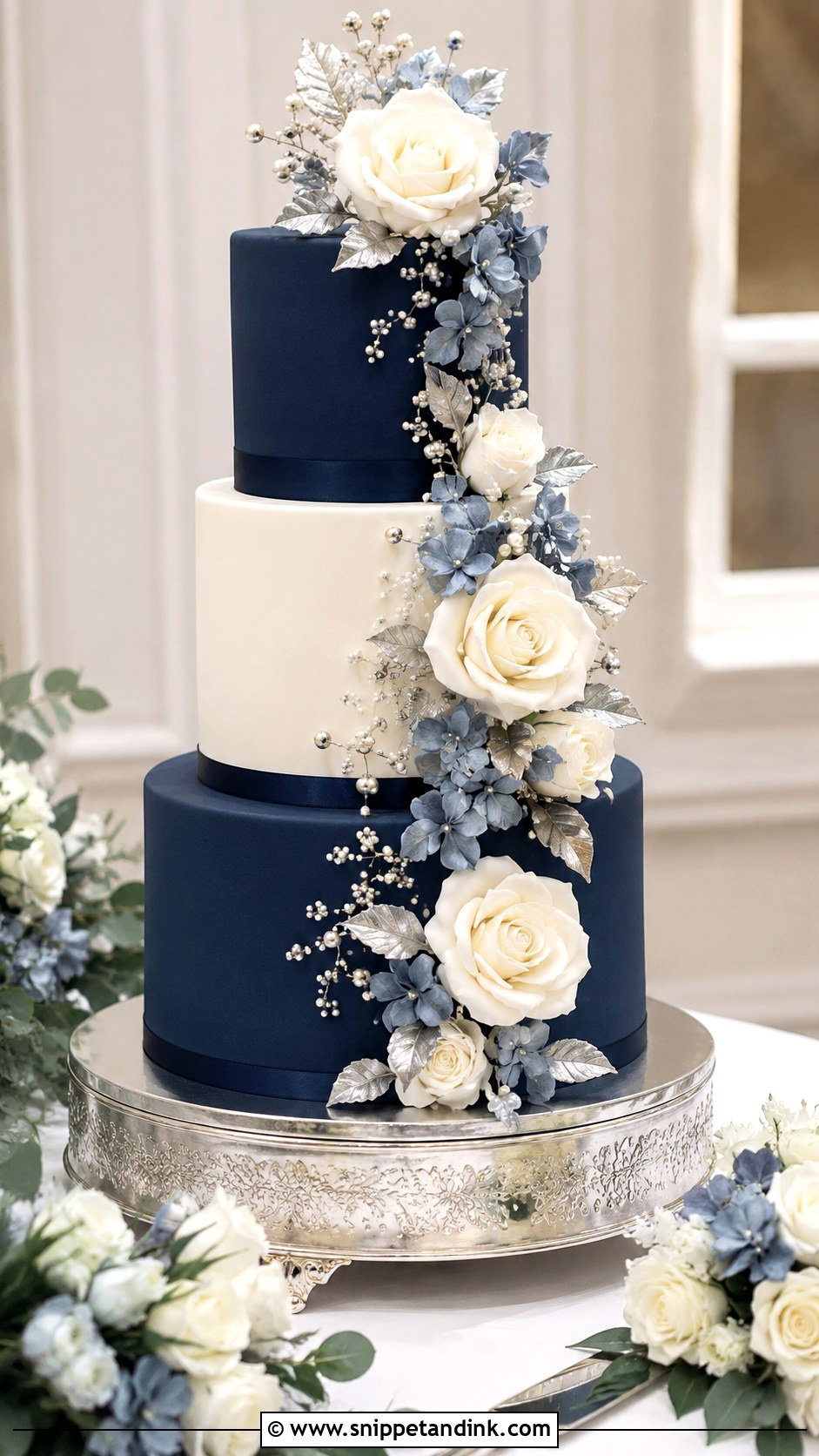 Navy Blue And Silver Floral Wedding Cake - Snippet and Ink - 20 Navy Blue and Silver Cake Ideas for Wedding