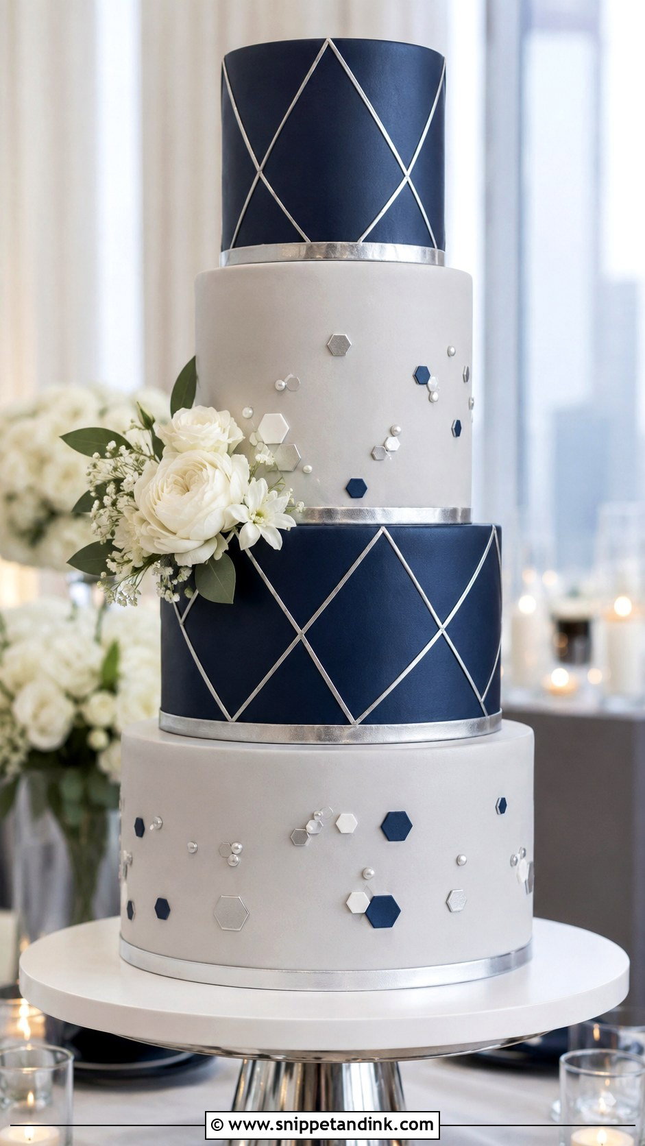 Navy Blue And Silver Geometric Wedding Cake - Snippet and Ink - 20 Navy Blue and Silver Cake Ideas for Wedding