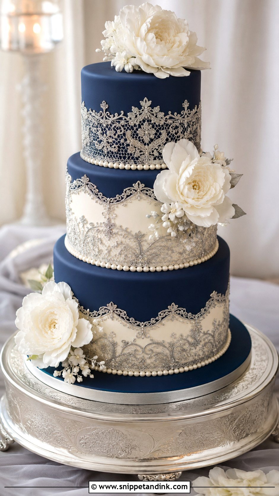 Navy Blue And Silver Lace Wedding Cake - Snippet and Ink - 20 Navy Blue and Silver Cake Ideas for Wedding
