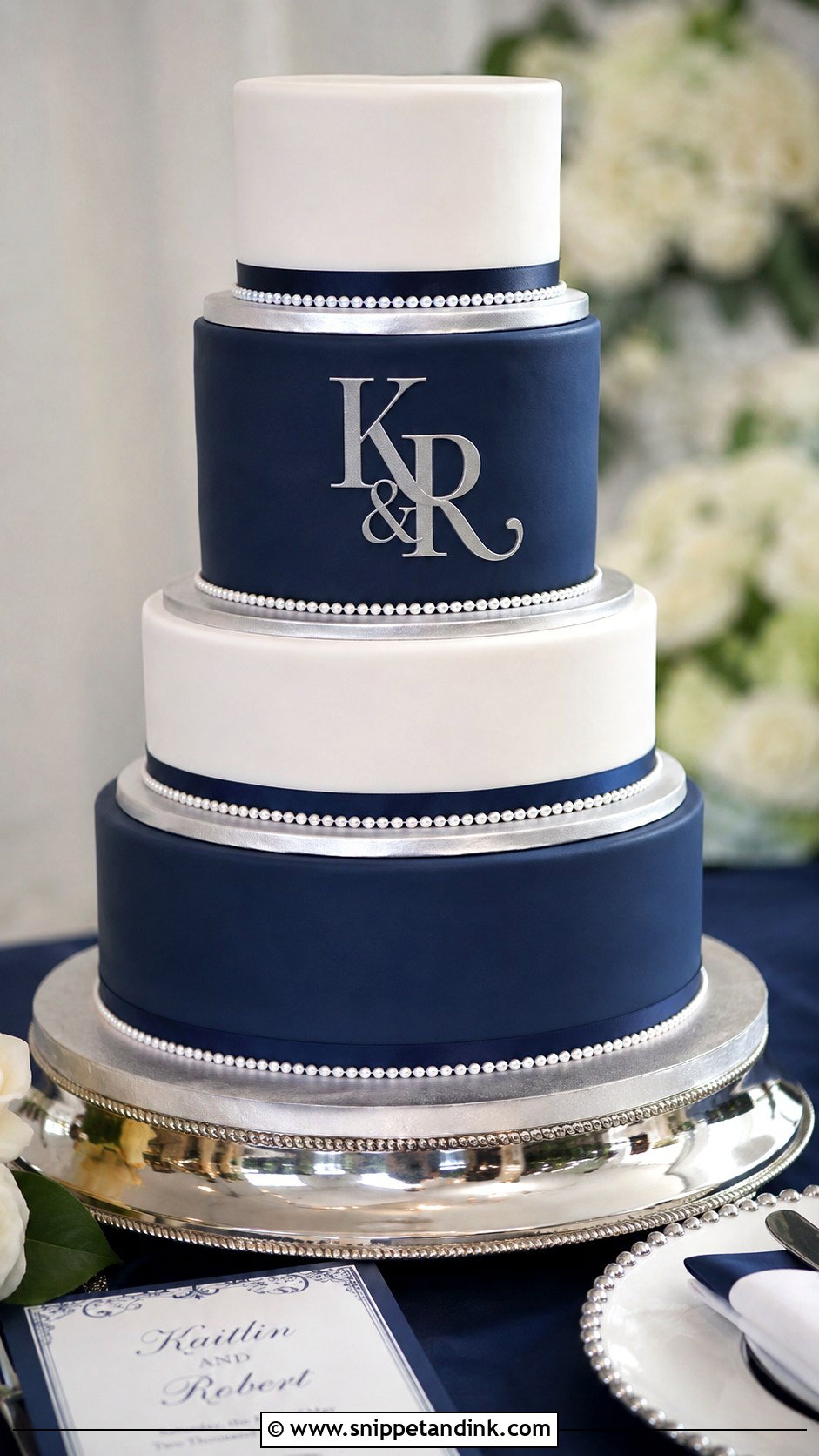Navy Blue And Silver Monogram Wedding Cake - Snippet and Ink - 20 Navy Blue and Silver Cake Ideas for Wedding