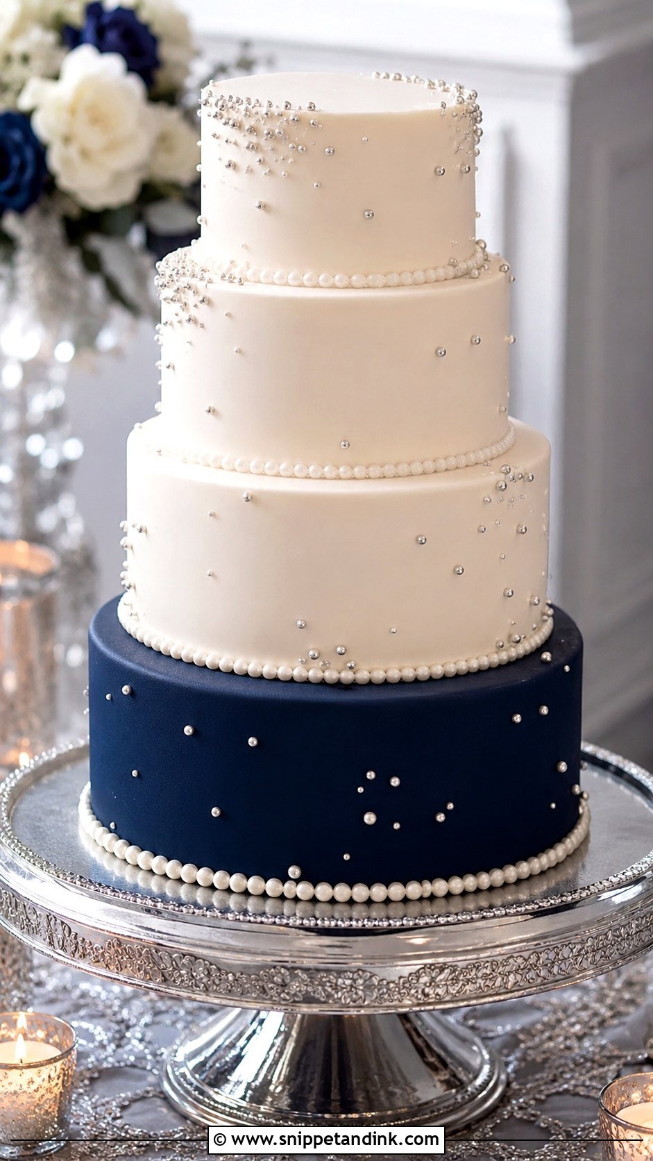 Navy Blue And Silver Pearl Wedding Cake - Snippet and Ink - 20 Navy Blue and Silver Cake Ideas for Wedding