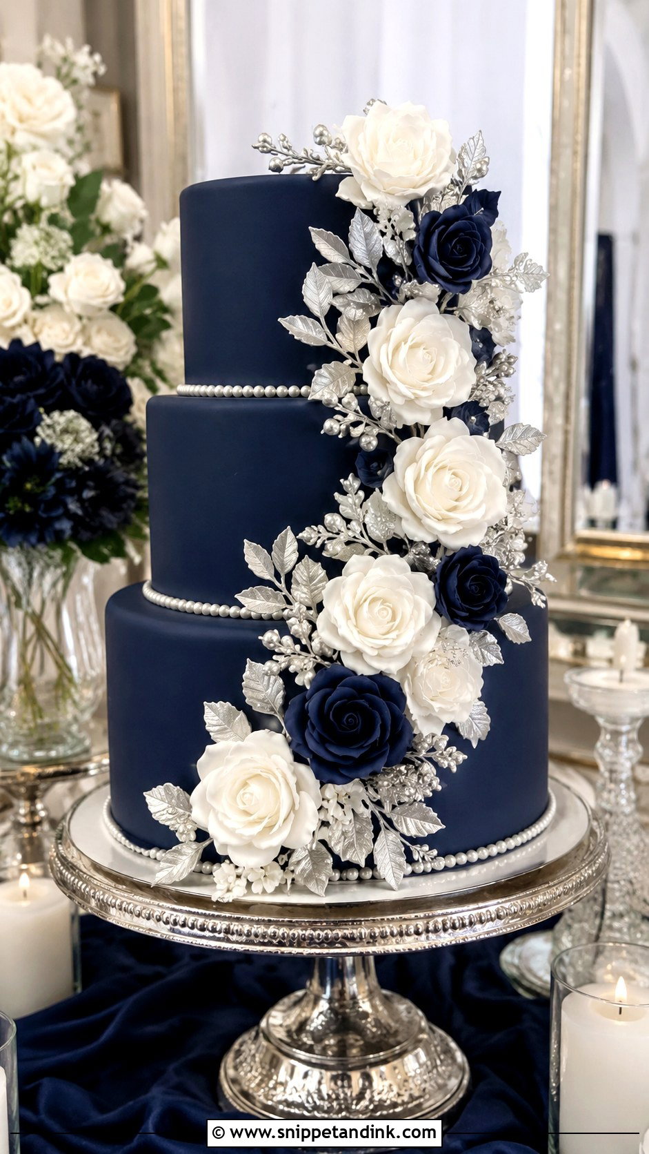 Navy Blue And Silver Rose Wedding Cake - Snippet and Ink - 20 Navy Blue and Silver Cake Ideas for Wedding