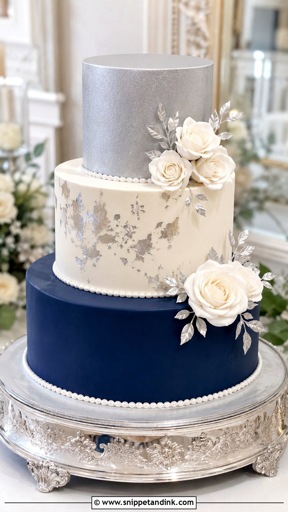 Navy Blue And Silver Tiered Wedding Cake - Snippet and Ink - 20 Navy Blue and Silver Cake Ideas for Wedding