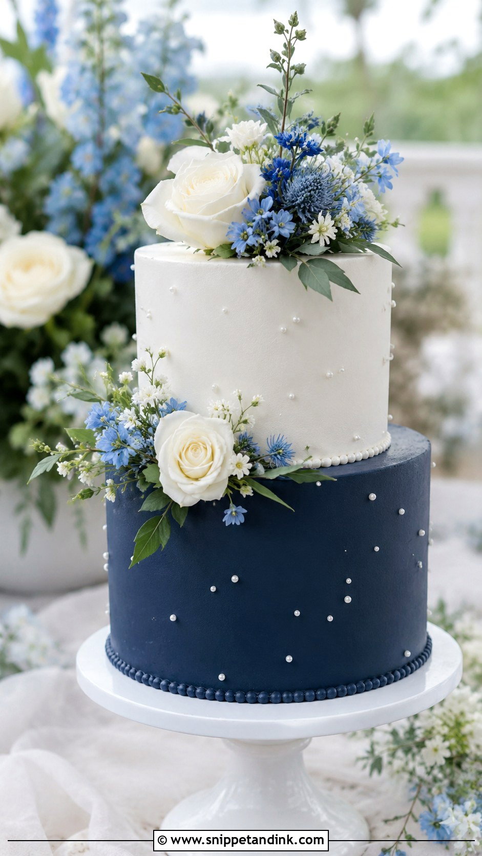 Navy Blue And White Cake With Fresh Flowers - Snippet and Ink - 20 Dark Blue and White Cake Ideas for Wedding