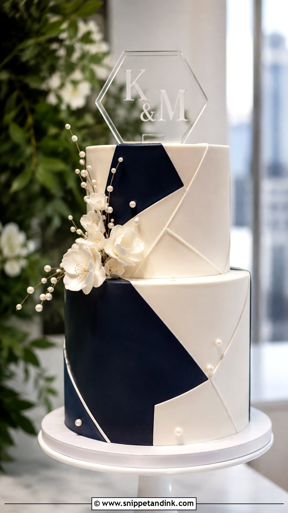 Navy Blue And White Geometric Wedding Cake - Snippet and Ink - 20 Dark Blue and White Cake Ideas for Wedding