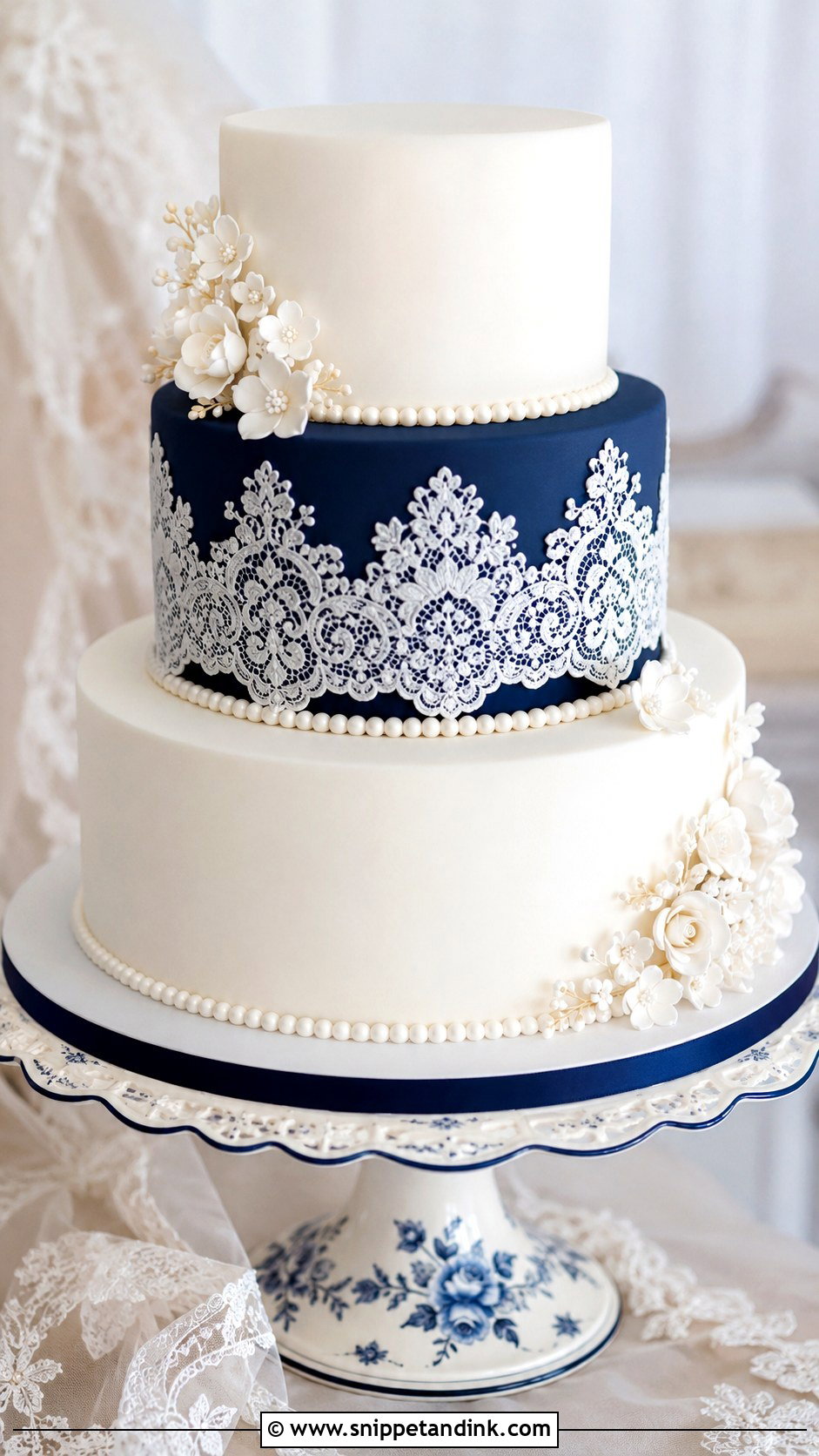 Navy Blue And White Lace Wedding Cake - Snippet and Ink - 20 Dark Blue and White Cake Ideas for Wedding