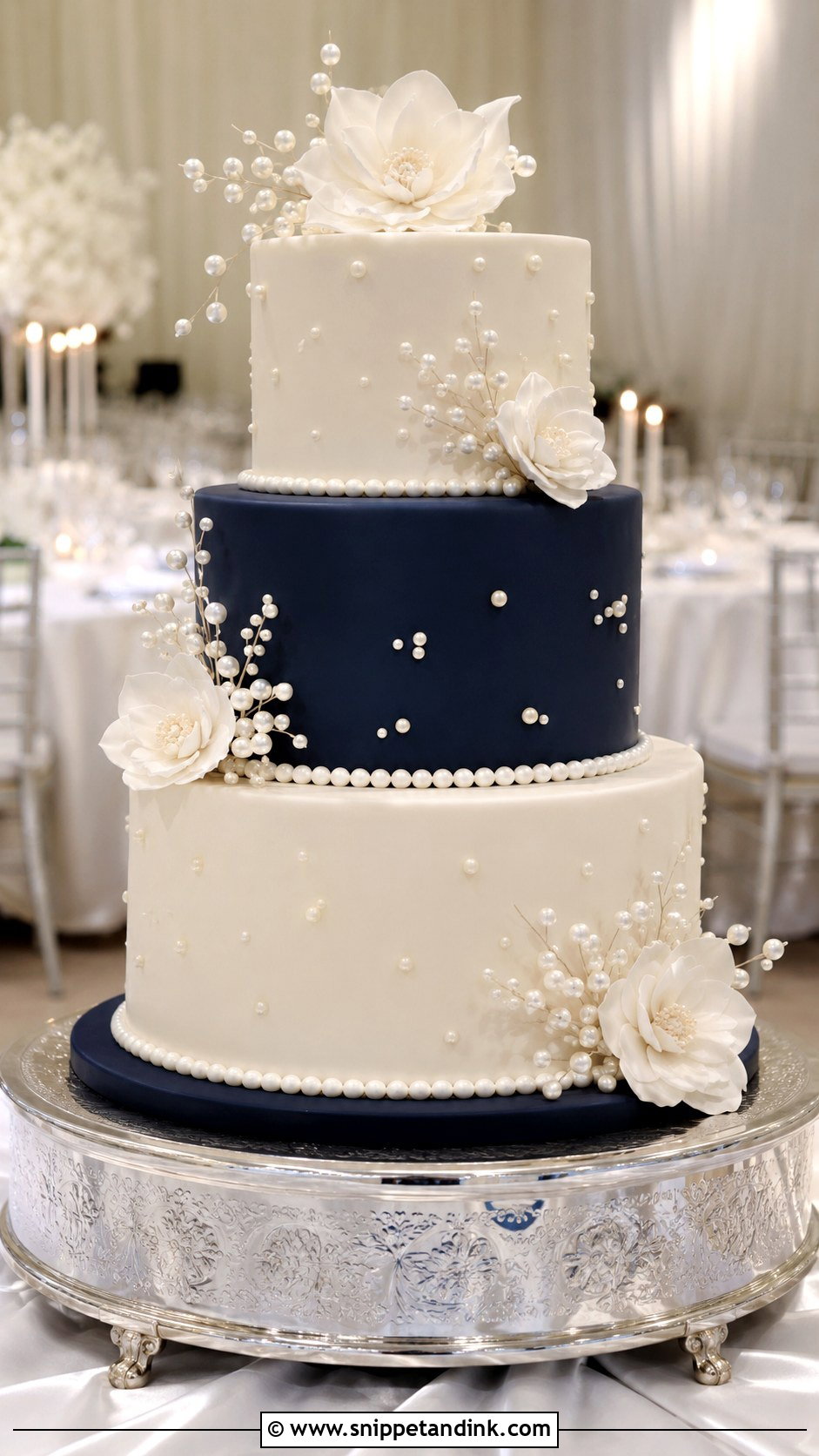 Navy Blue And White Pearl Wedding Cake - Snippet and Ink - 20 Dark Blue and White Cake Ideas for Wedding