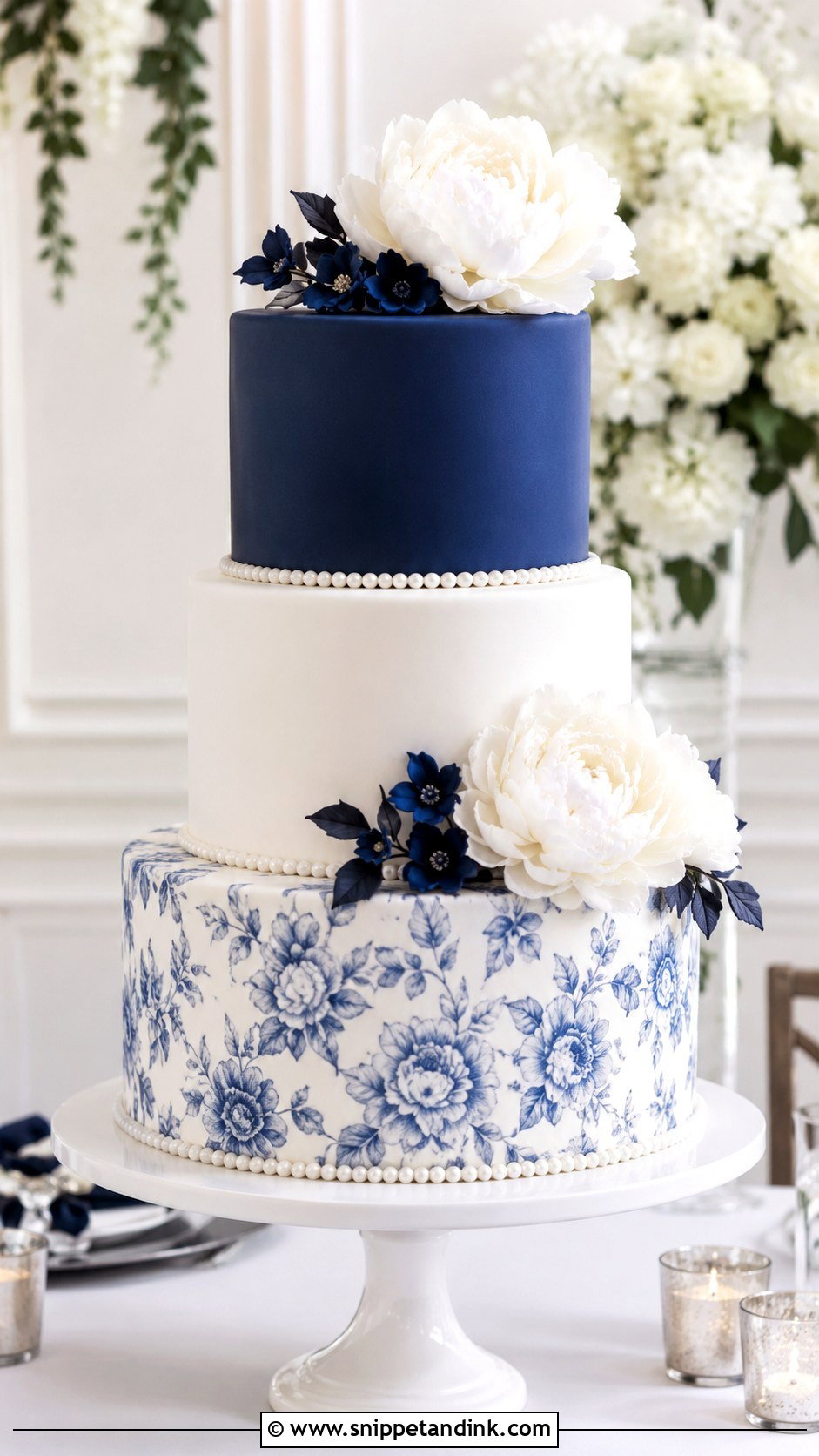 Navy Blue And White Three Tier Wedding Cake - Snippet and Ink - 20 Dark Blue and White Cake Ideas for Wedding