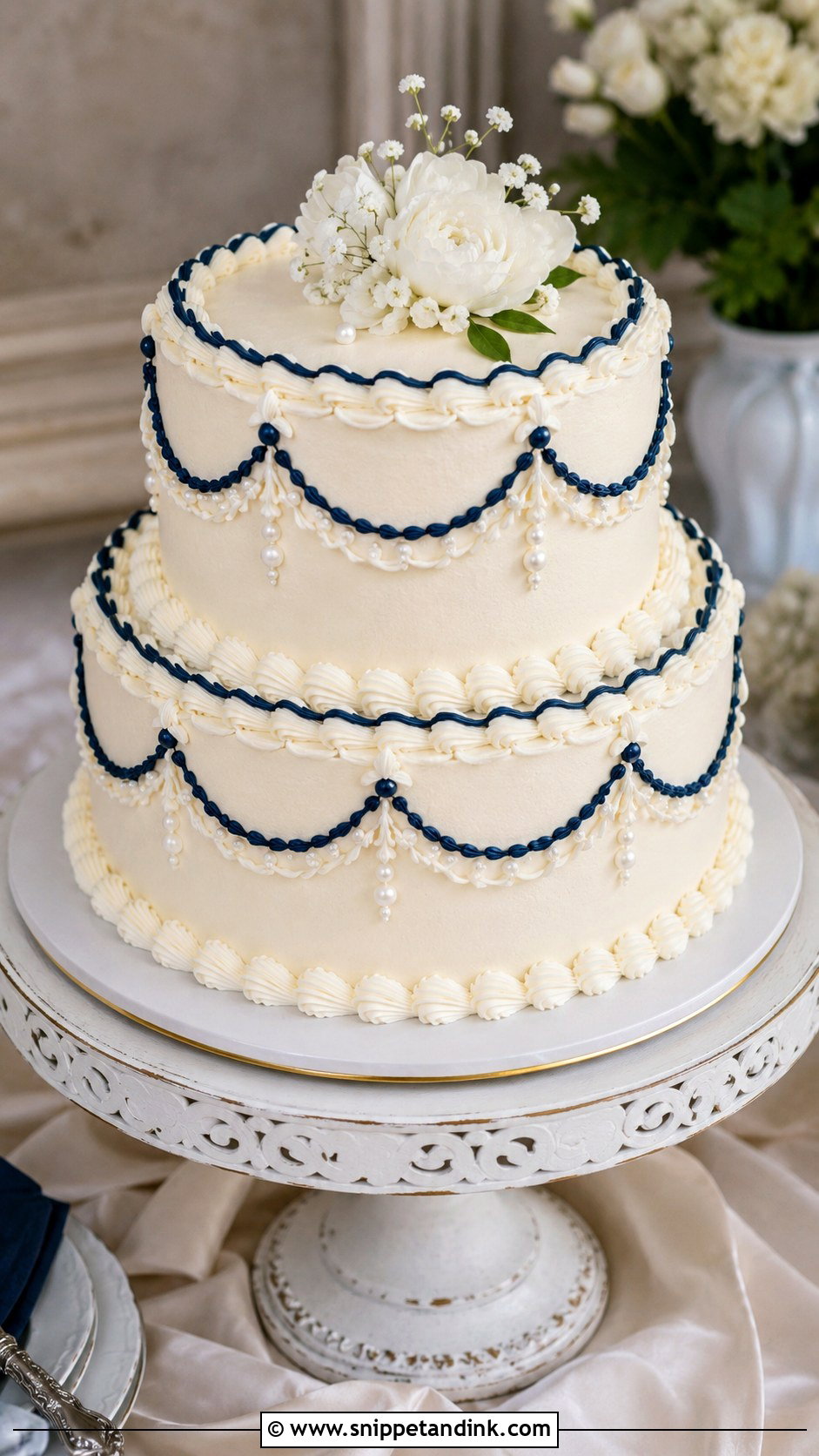 Navy Blue And White Vintage Wedding Cake - Snippet and Ink - 20 Dark Blue and White Cake Ideas for Wedding