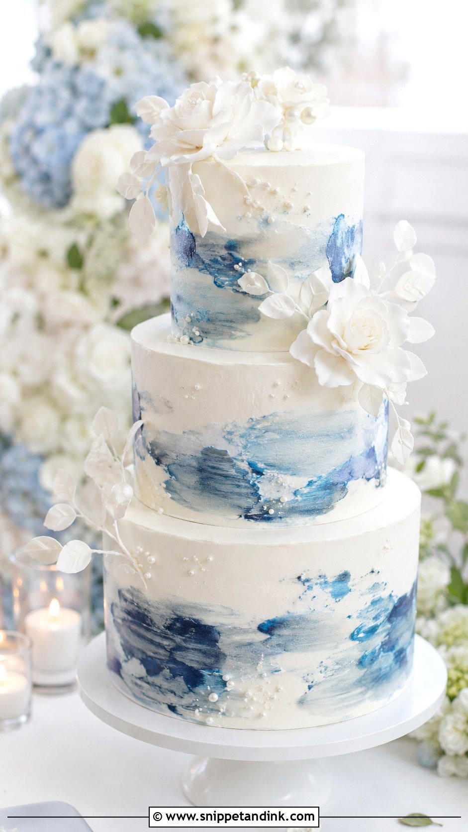Navy Blue And White Watercolor Wedding Cake - Snippet and Ink - 20 Dark Blue and White Cake Ideas for Wedding