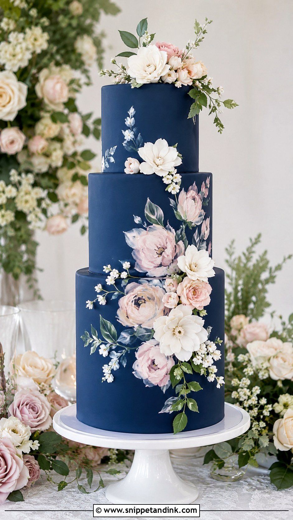 Navy Blue Floral Wedding Cake - Snippet and Ink - 20 Navy Theme Cake Ideas for Wedding
