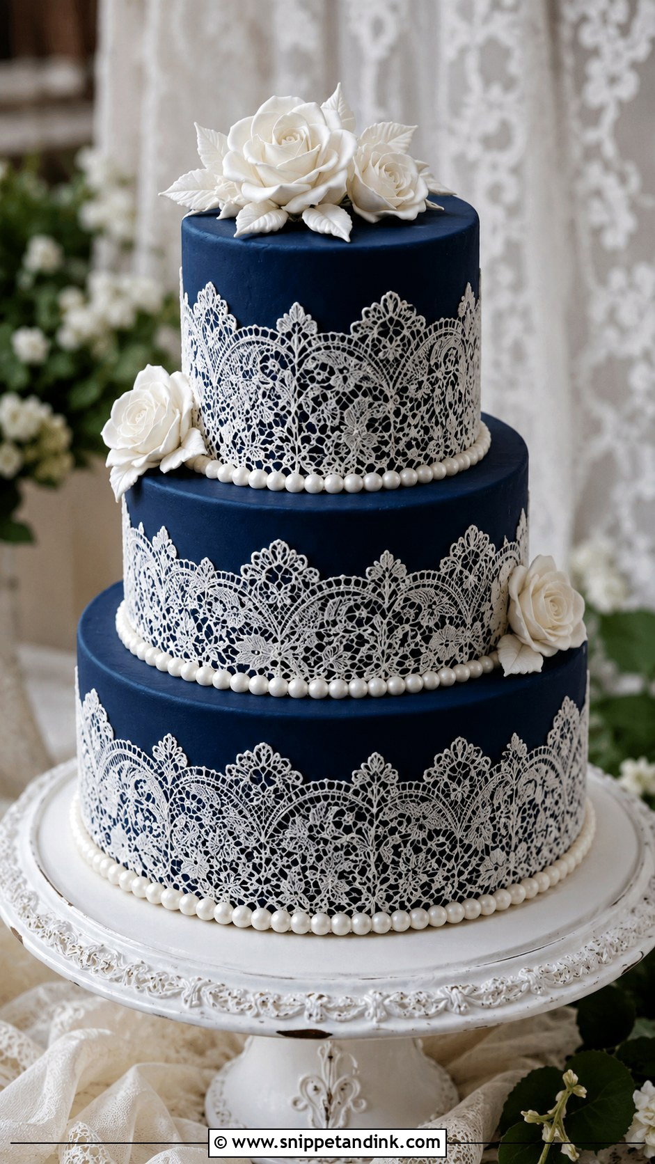 Navy Blue Lace Wedding Cake - Snippet and Ink - 20 Navy Theme Cake Ideas for Wedding