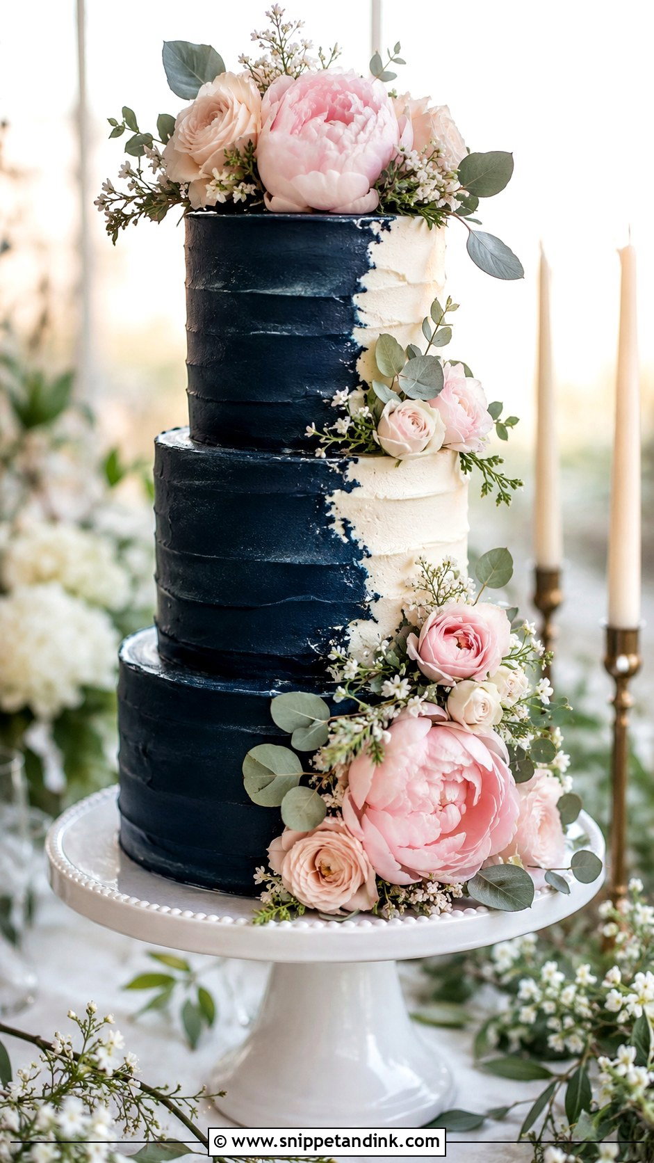 Navy Blue Wedding Cake With Blush Flowers - Snippet and Ink - 20 Navy Theme Cake Ideas for Wedding