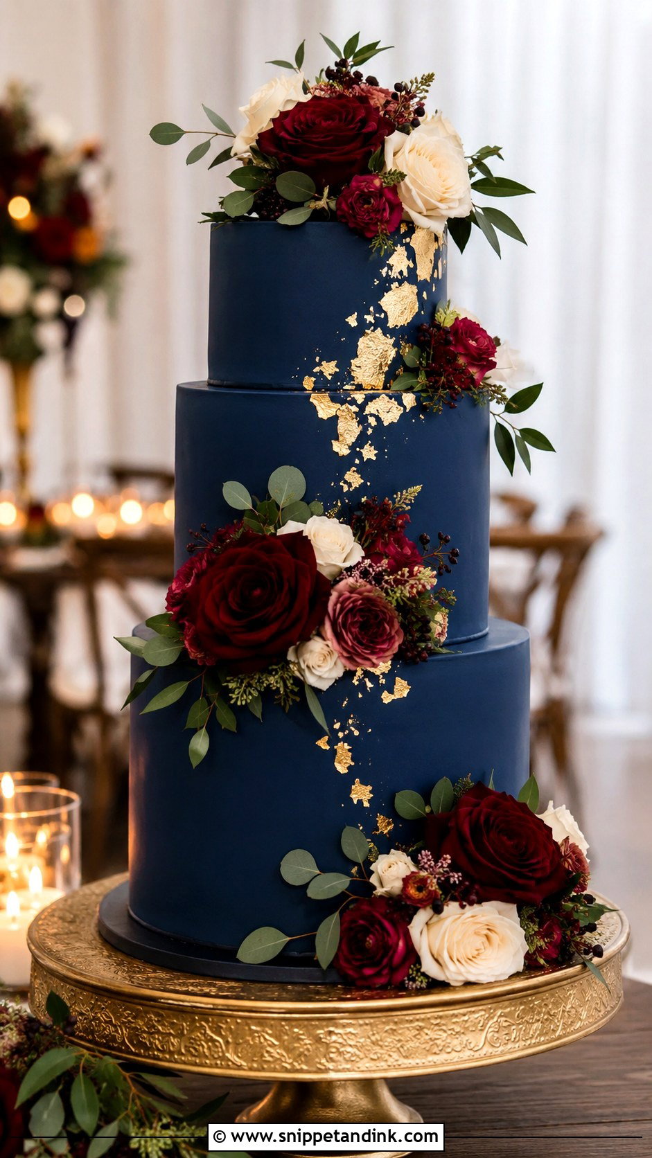 Navy Blue Wedding Cake With Burgundy Flowers - Snippet and Ink - 20 Navy Theme Cake Ideas for Wedding