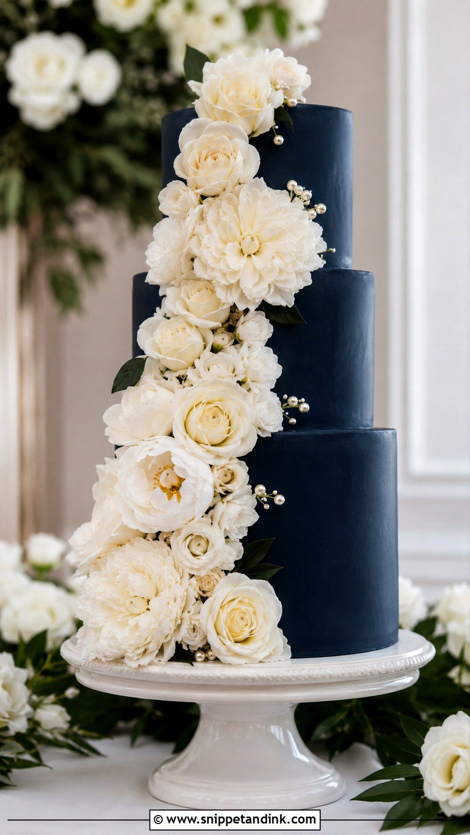 Navy Blue Wedding Cake With White Flowers - Snippet and Ink - 20 Navy Theme Cake Ideas for Wedding